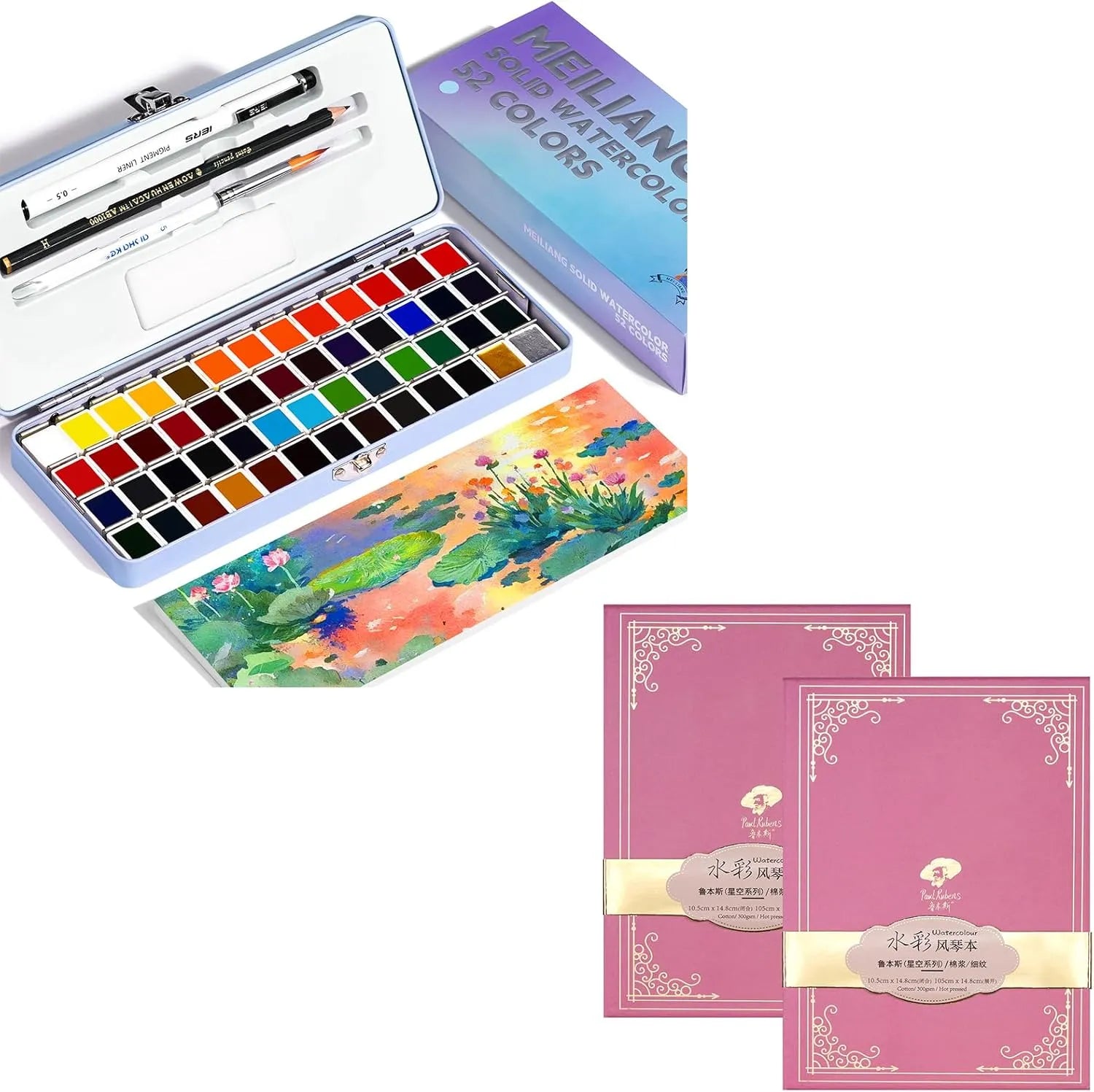 [[========52 Colors Travel Watercolor Paint Set (Blue Case) And Paul Rubens 5.8 x 4.1 Inches Organ Style Watercolor Paper, 140lb/300GSM 50% Cotton Hot Pressed Pack of 2 (20 Sheets)