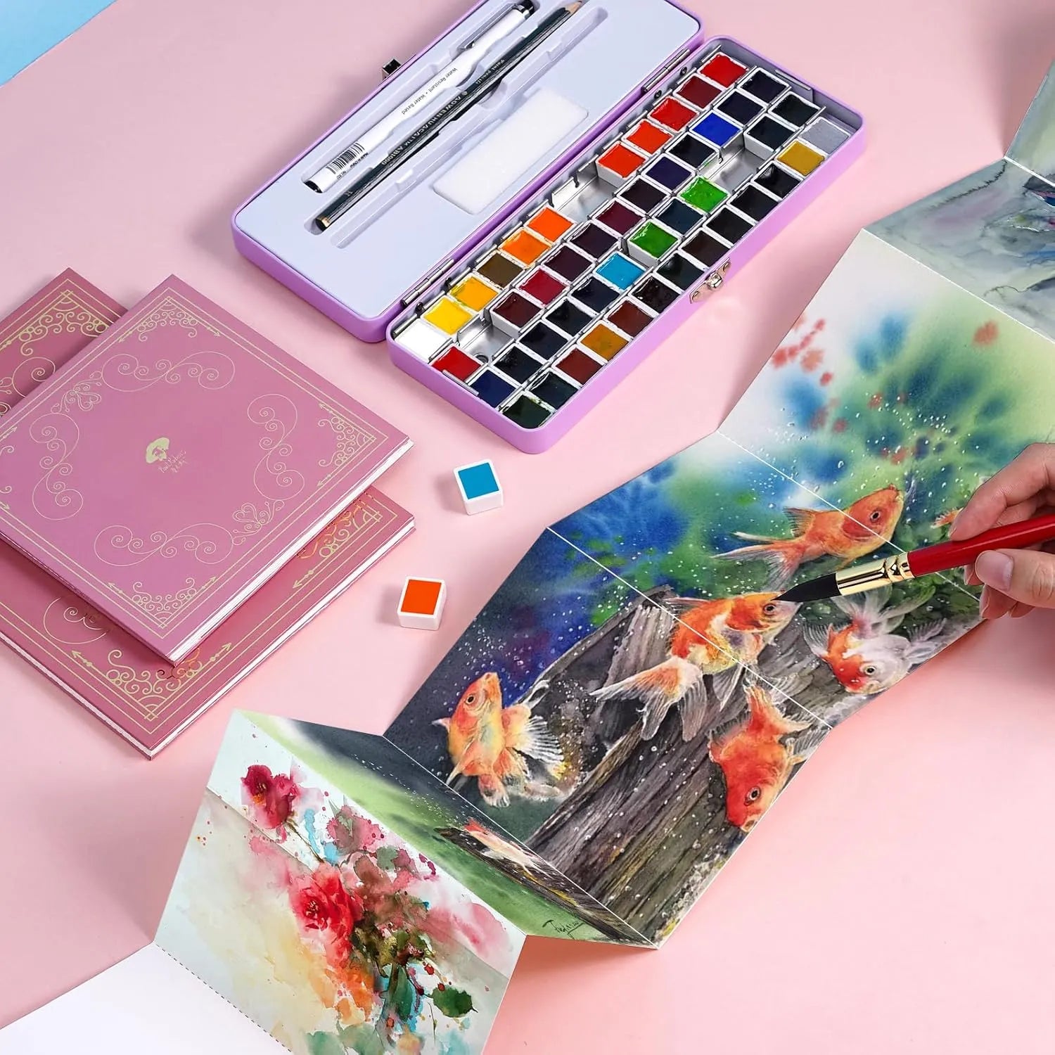 [[========52 Colors Travel Watercolor Paint Set (Blue Case) And Paul Rubens 5.8 x 4.1 Inches Organ Style Watercolor Paper, 140lb/300GSM 50% Cotton Hot Pressed Pack of 2 (20 Sheets)