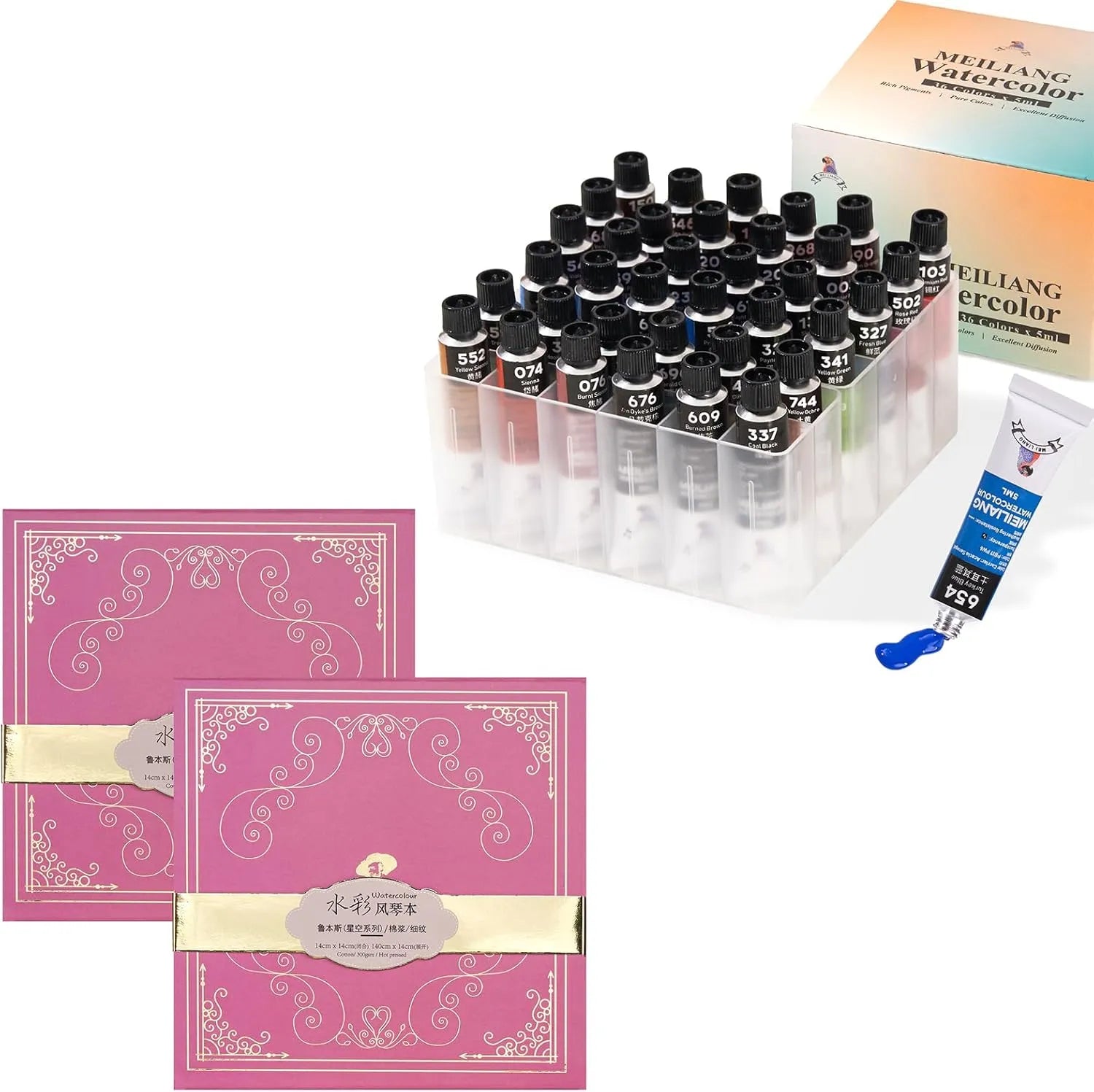 [[=====MeiLiang 36 Colors Watercolor Paint with Plastic Storage Box and Paul Rubens 5.5 x 5.5 Inches Organ Style Watercolor Paper, 140lb/300GSM 50% Cotton Hot Pressed Pack of 2 (14 Sheets)