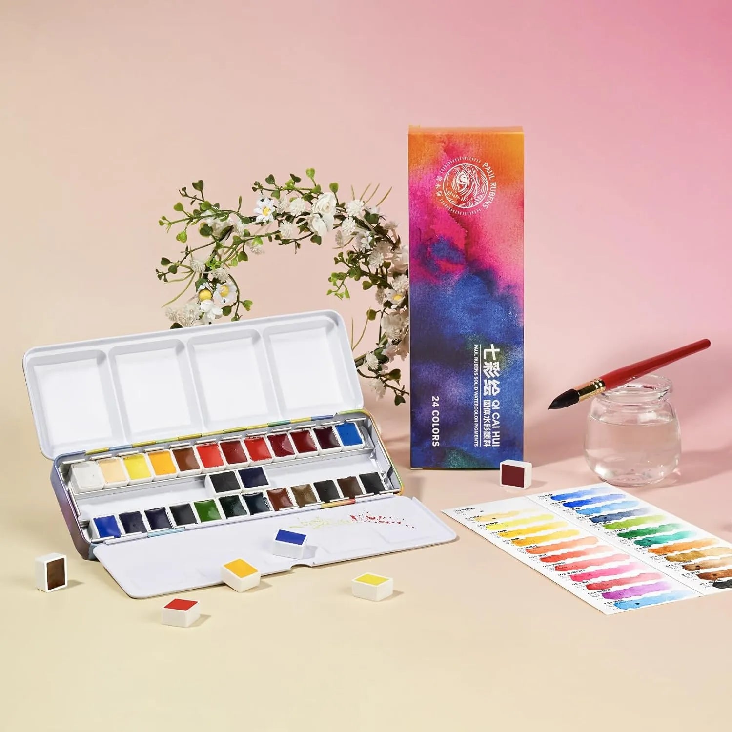 [[=======Paul Rubens 24 Colors Solid Watercolor Paint And 5.5 x 5.5 Inches Organ Style Watercolor Paper, 140lb/300GSM 50% Cotton Hot Pressed Pack of 2 (14 Sheets)