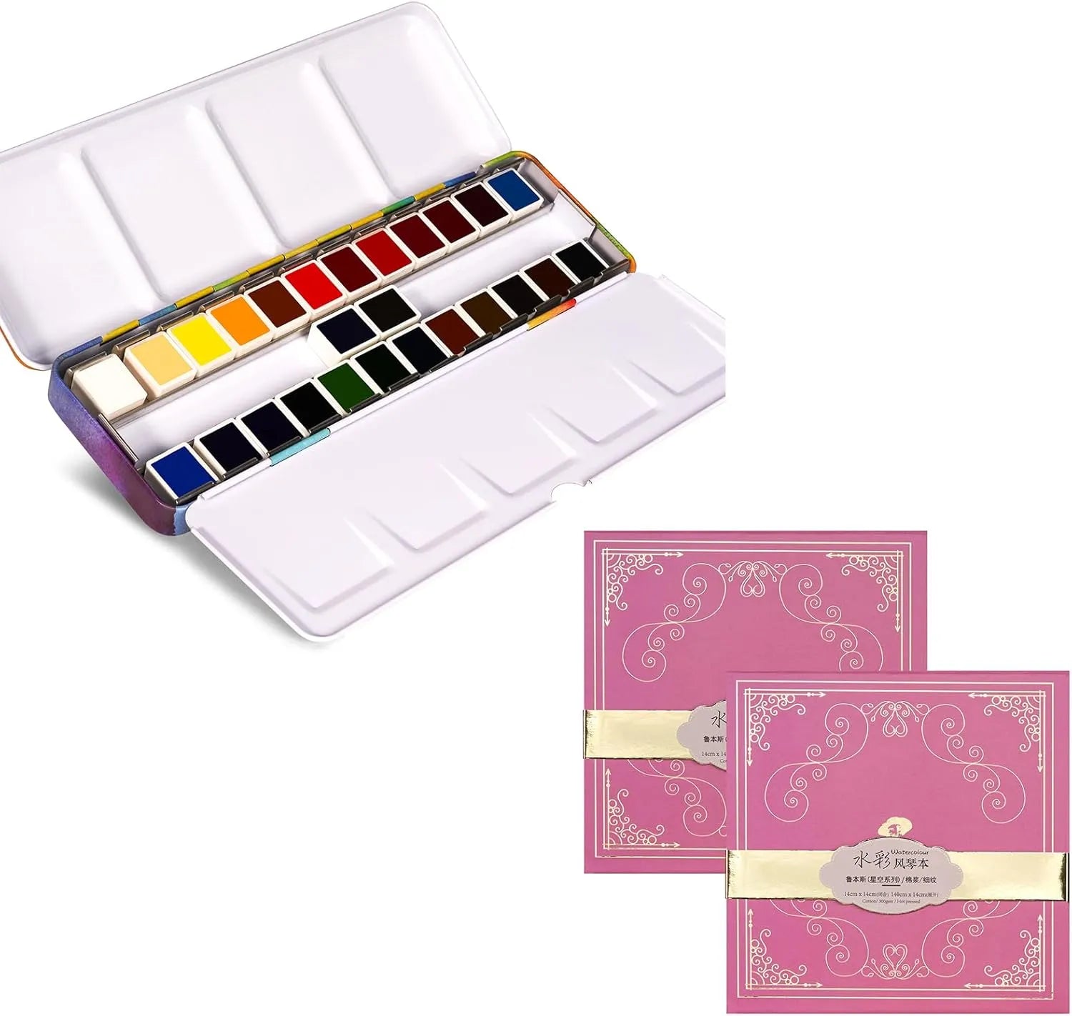 [[=======Paul Rubens 24 Colors Solid Watercolor Paint And 5.5 x 5.5 Inches Organ Style Watercolor Paper, 140lb/300GSM 50% Cotton Hot Pressed Pack of 2 (14 Sheets)