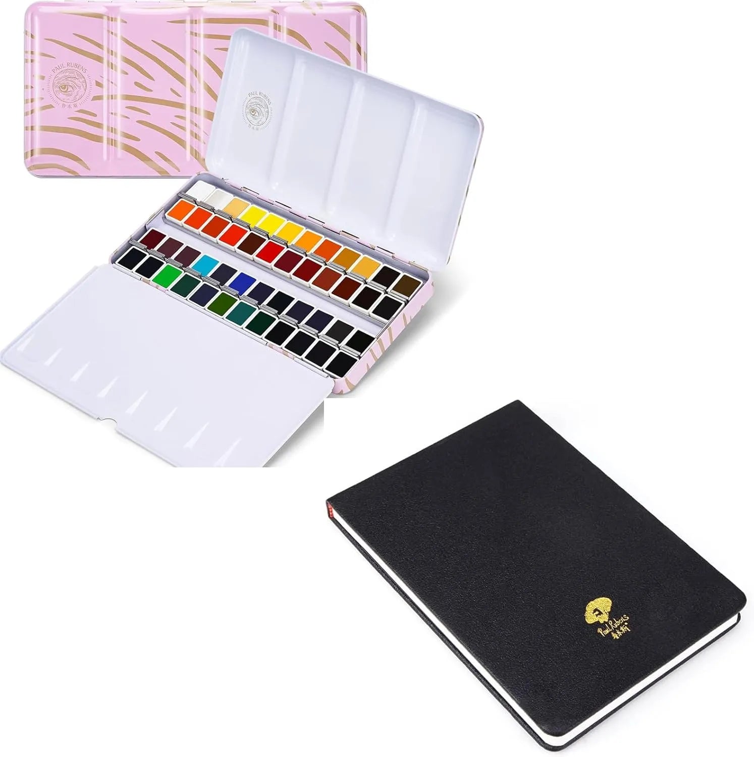 [[======Paul Rubens Artist Watercolor Paint Set,48 Vibrant Colors in Portable Box & 100% Cotton Hot Press Watercolor Journal 7.6¨ x 5.3¨, 20 Sheets (140lb/300gsm)