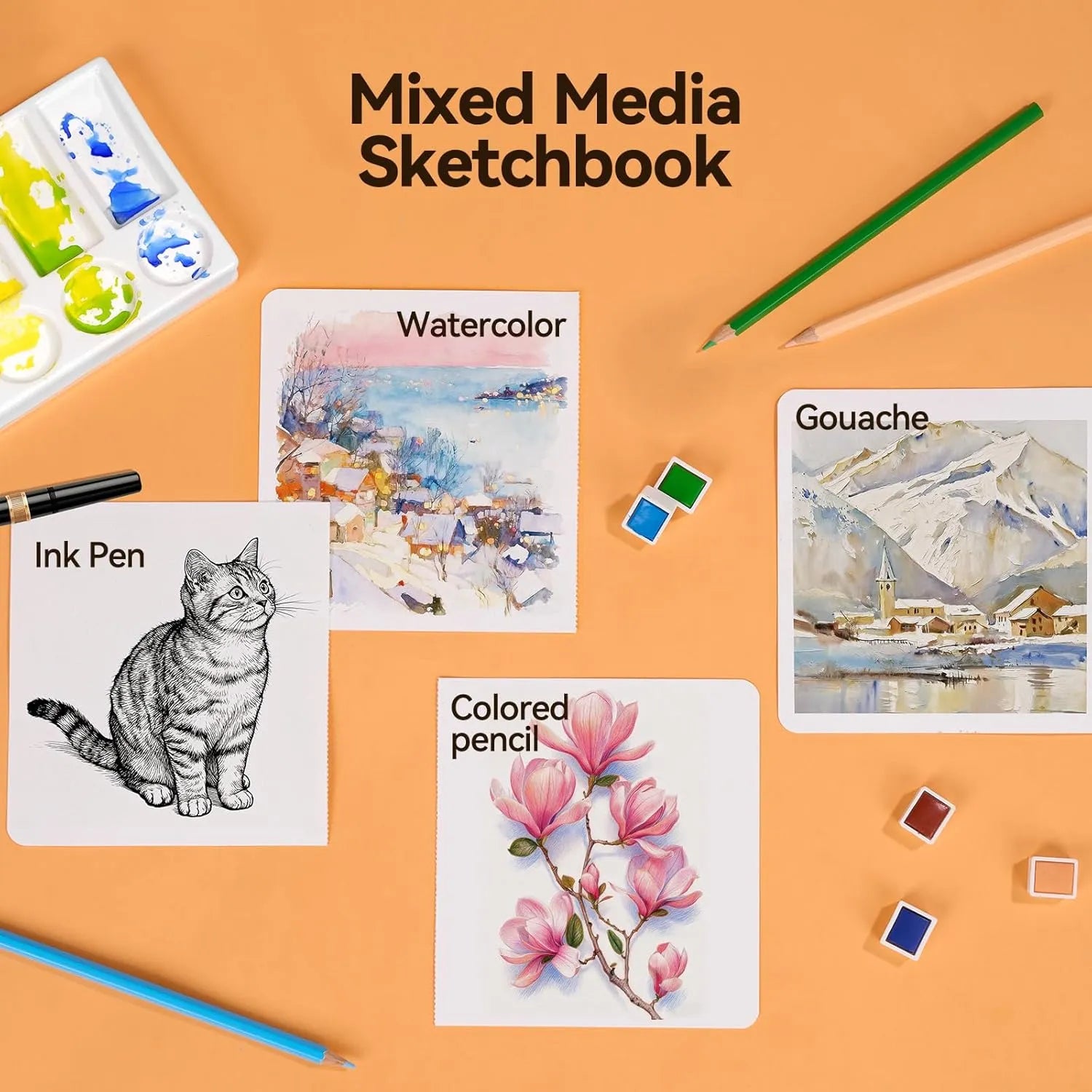 [[=========Paul Rubens Square Watercolor Journal, 1 & 2 Pack 40 Sheets 100% Cotton Acid-Free Cold Press Watercolor Sketchbook 4.72 * 4.72 &  5.91 * 5.91 Inches, 140lb/300gsm for Watercolors, Gouache, Acrylics