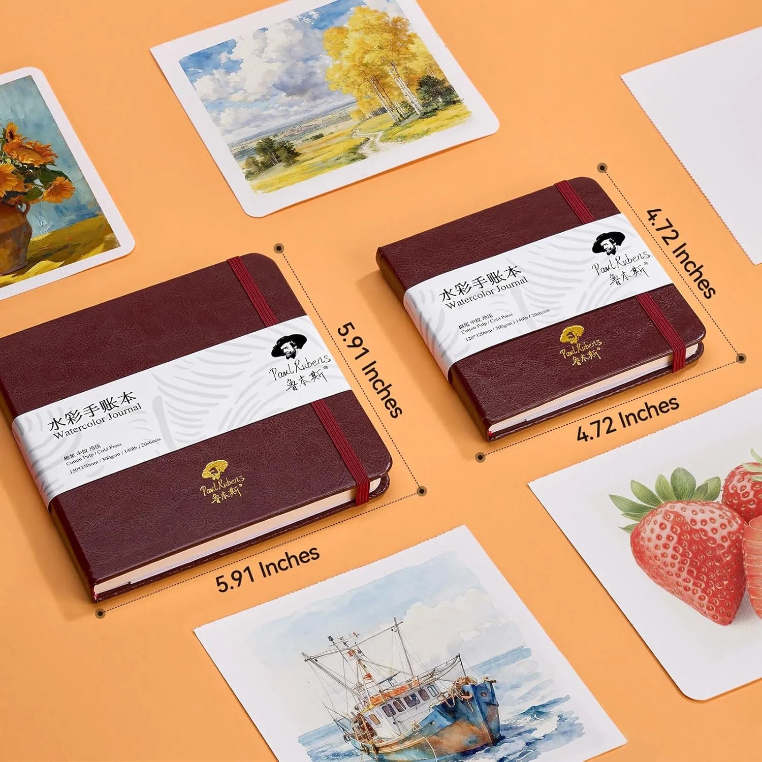 [[=========Paul Rubens Square Watercolor Journal, 1 & 2 Pack 40 Sheets 100% Cotton Acid-Free Cold Press Watercolor Sketchbook 4.72 * 4.72 &  5.91 * 5.91 Inches, 140lb/300gsm for Watercolors, Gouache, Acrylics