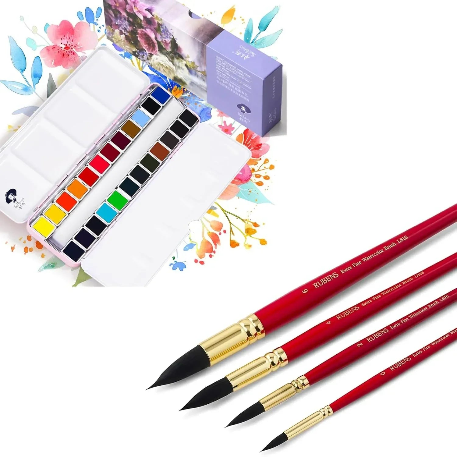 [[[=======Paul Rubens 24 Vivid Floral Colors Watercolor Paint& #0#2#4#6 Synthetic Squirrel Hair Paint Brushes kit