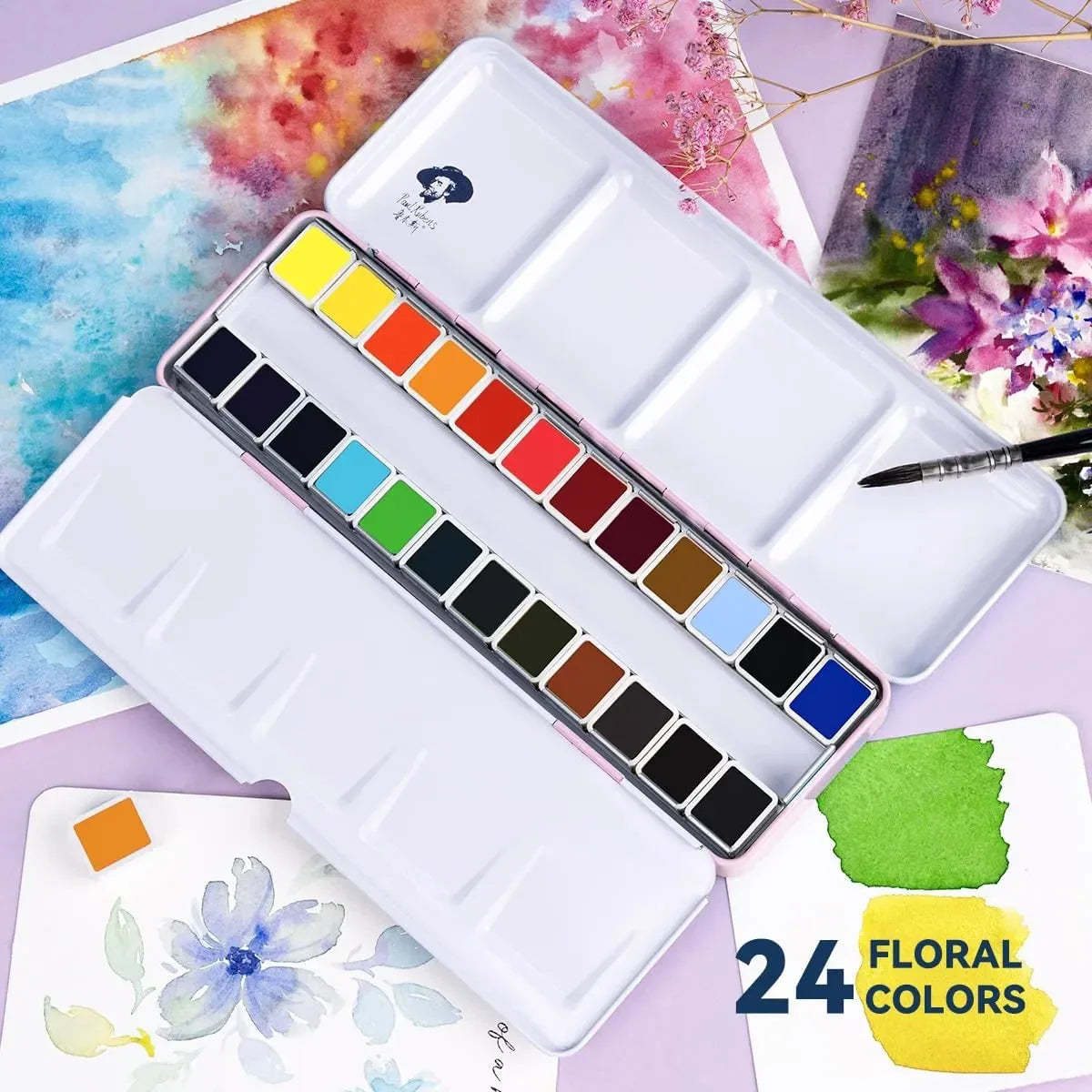 [[[=======Paul Rubens 24 Vivid Floral Colors Watercolor Paint& #0#2#4#6 Synthetic Squirrel Hair Paint Brushes kit