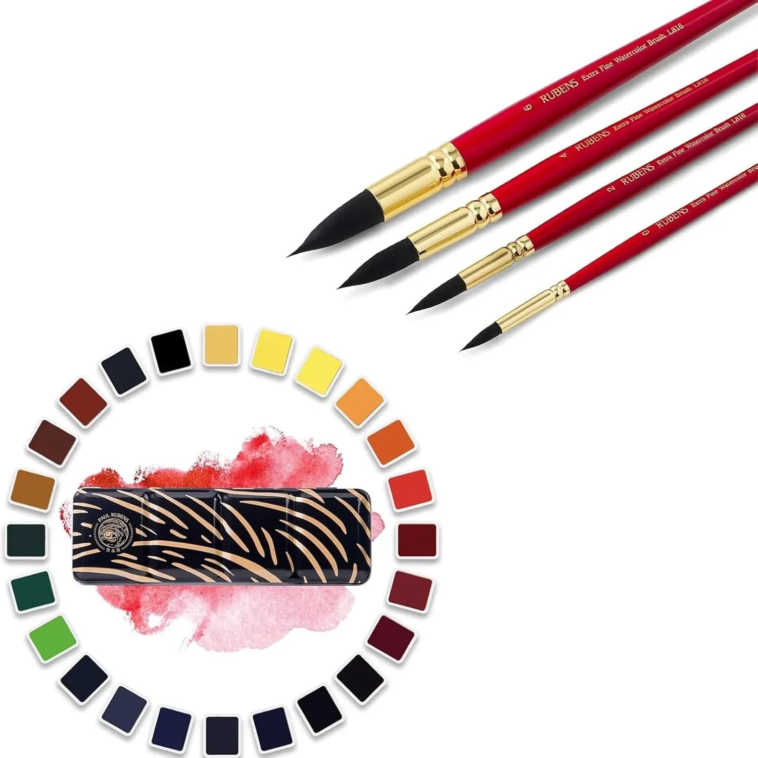 [[=========Paul Rubens Artist Watercolor Paint Set,24 Vibrant Colors in Portable Box, Synthetic Squirrel Hair Paint Brushes kit for Artists, Adults and Hobbists,
