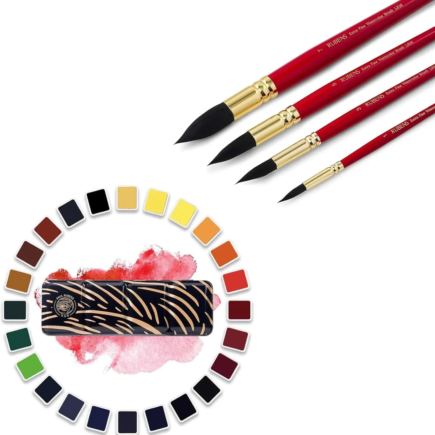 [[=========Paul Rubens Artist Watercolor Paint Set,24 Vibrant Colors in Portable Box, Synthetic Squirrel Hair Paint Brushes kit for Artists, Adults and Hobbists,