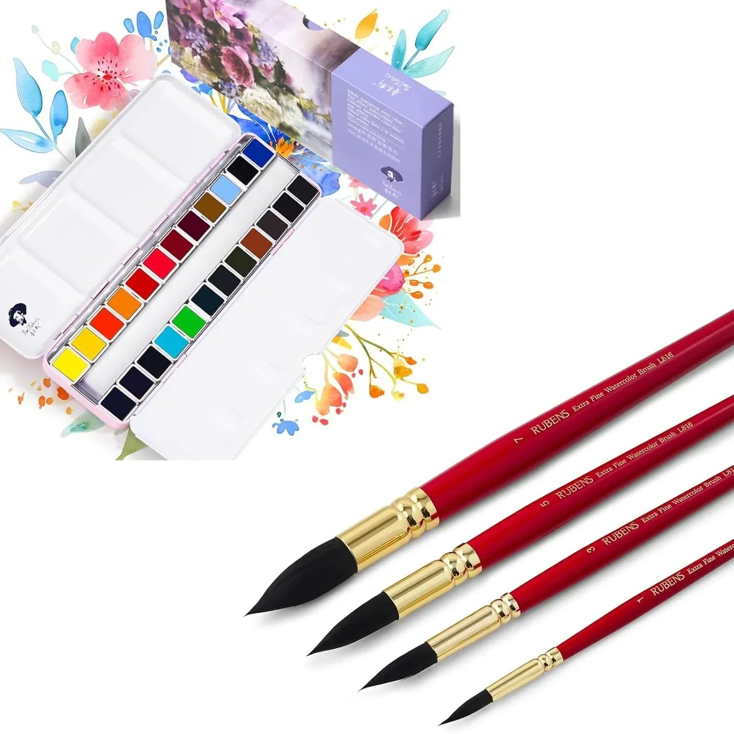 [[=======Paul Rubens Watercolor Paint 24 Vivid Floral Colors & #1#3#5#7 Synthetic Squirrel Hair Paint Brushes kit