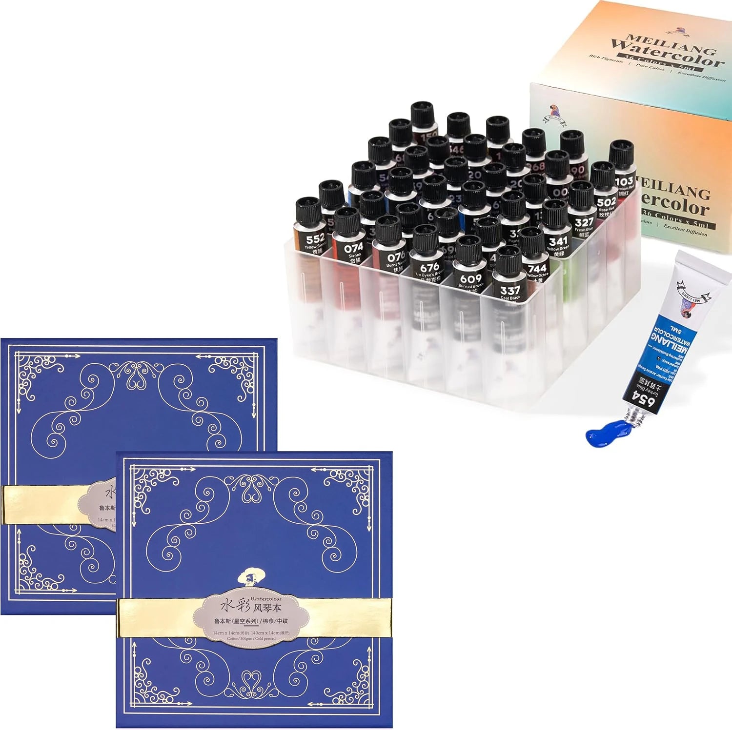 [[=====MeiLiang 36 Colors Watercolor Paint with Plastic Storage Box and Paul Rubens 5.5 x 5.5 Inches Organ Style Watercolor Paper, 140lb/300GSM 50% Cotton Cold Pressed Pack of 2 (14 Sheets)