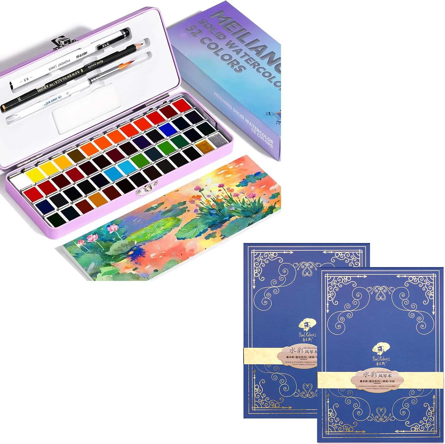 [[--------52 Colors Travel Watercolor Paint Set (Blue Case) And Paul Rubens 5.8 x 8.2 Inches Organ Style Watercolor Paper, 140lb/300GSM 50% Cotton Cold Pressed Pack of 2 (14 Sheets)