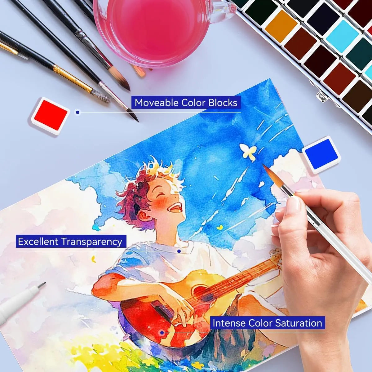 [[--------52 Colors Travel Watercolor Paint Set (Blue Case) And Paul Rubens 5.8 x 8.2 Inches Organ Style Watercolor Paper, 140lb/300GSM 50% Cotton Cold Pressed Pack of 2 (14 Sheets)