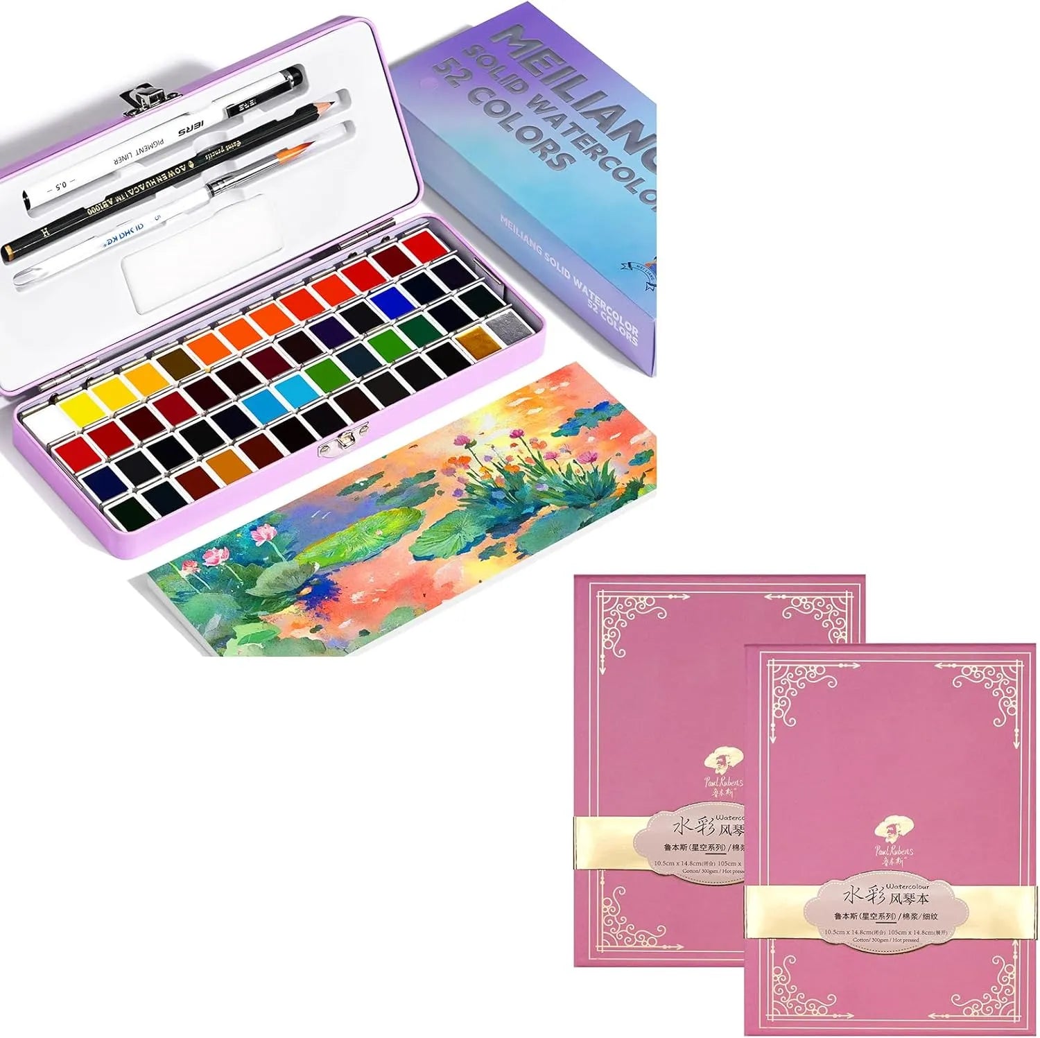[[======52 Colors Travel Watercolor Paint Set (Purple Case) And Paul Rubens 5.8 x 4.1 Inches Organ Style Watercolor Paper, 140lb/300GSM 50% Cotton Hot Pressed Pack of 2 (20 Sheets)
