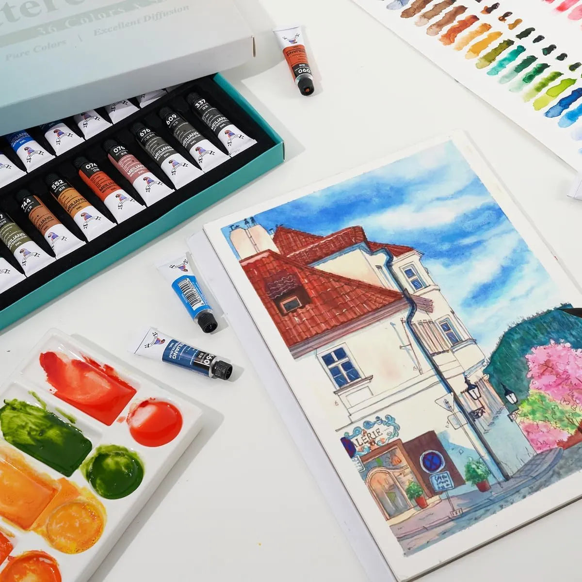 [[===MeiLiang 36 Colors Watercolor Paint and Paul Rubens 10.2 X 7.2 Inches Watercolor Coloring Paper, 140lb/300GSM 100% Cotton Hot Pressed Roses Line Drawings Watercolor Paper (12 Sheets)