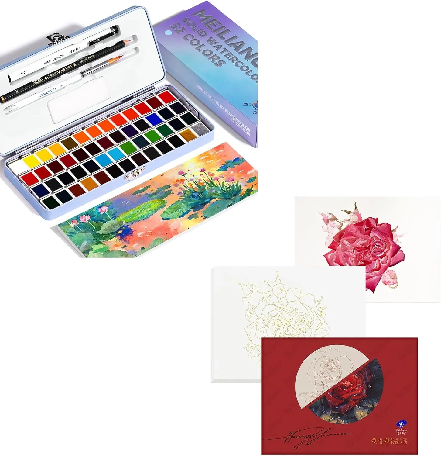 [[=======MeiLiang 52 Colors Solid Watercolor Paint (Blue Case) And Paul Rubens 10.2 X 7.2 Inches Watercolor Coloring Paper, 140lb/300GSM 100% Cotton Hot Pressed Roses Line Drawings Watercolor Paper (12 Sheets)