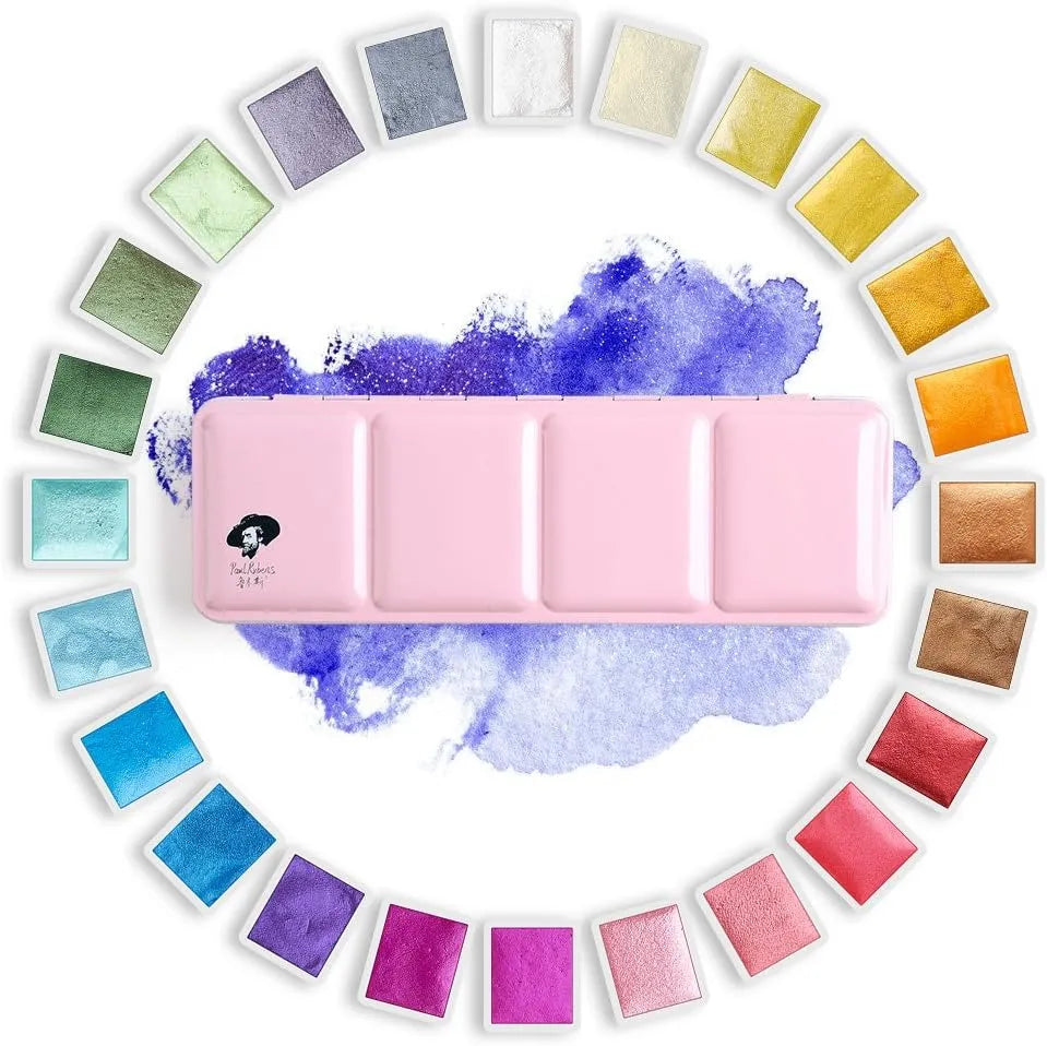 [[==Paul Rubens Professional Soft Pastels, Handmade 72 Vibrant Colors Chalk Pastels Artist Watercolor Paints-24 Metallic Glitter Solid Colors-Pink Portable Metal Case with Palette