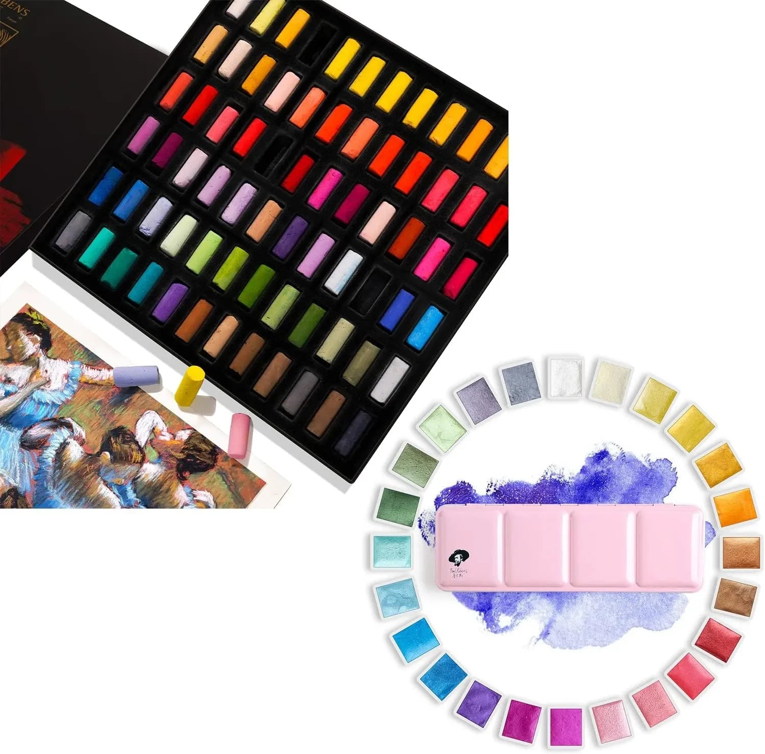 [[==Paul Rubens Professional Soft Pastels, Handmade 72 Vibrant Colors Chalk Pastels Artist Watercolor Paints-24 Metallic Glitter Solid Colors-Pink Portable Metal Case with Palette
