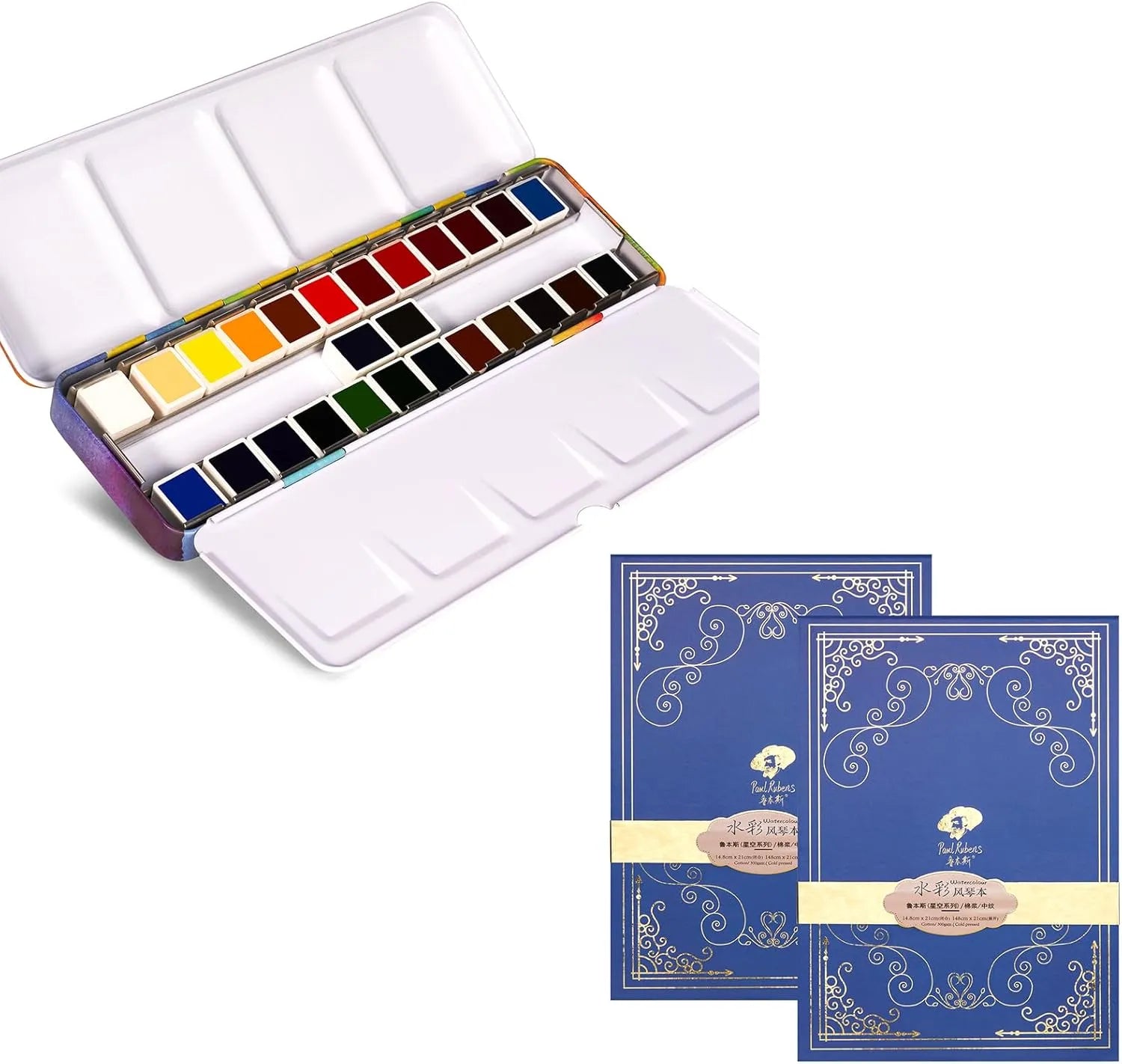 [[======Paul Rubens 24 Colors Solid Watercolor Paint And 5.8 x 8.2 Inches Organ Style Watercolor Paper, 140lb/300GSM 50% Cotton Cold Pressed Pack of 2 (14 Sheets)