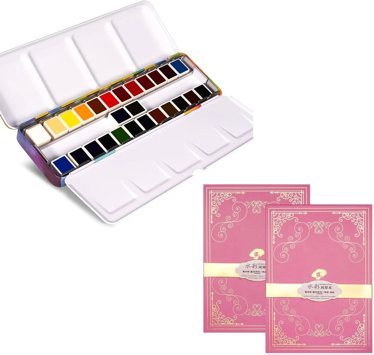 [[===========Paul Rubens 24 Colors Solid Watercolor Paint And 5.8 x 4.1 Inches Organ Style Watercolor Paper, 140lb/300GSM 50% Cotton Hot Pressed Pack of 2 (20 Sheets)