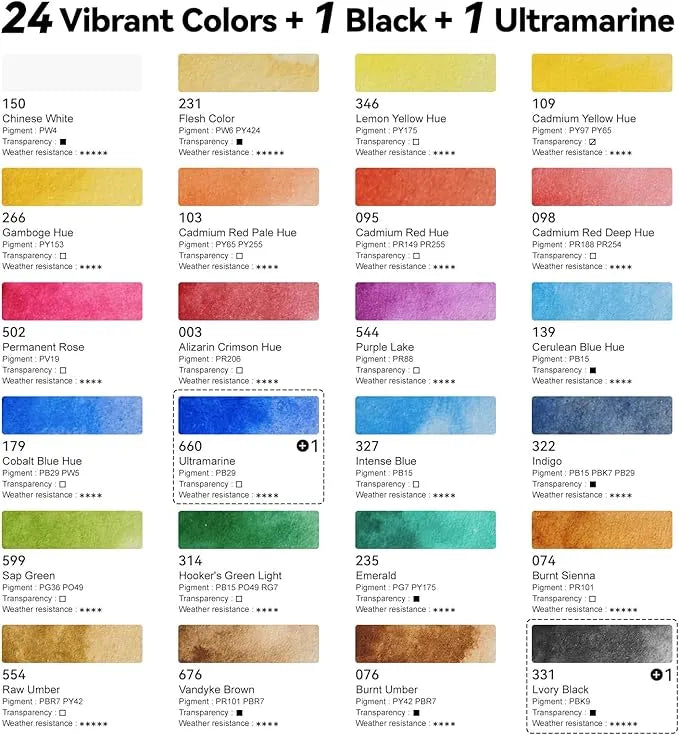 [[======Paul Rubens 24 Colors Solid Watercolor Paint And 5.8 x 8.2 Inches Organ Style Watercolor Paper, 140lb/300GSM 50% Cotton Cold Pressed Pack of 2 (14 Sheets)