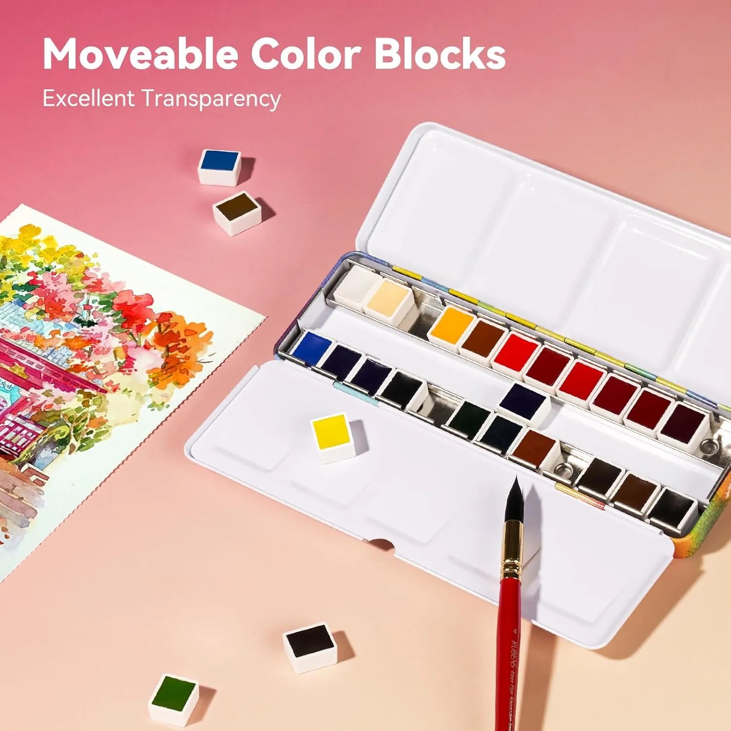 [[===========Paul Rubens 24 Colors Solid Watercolor Paint And 5.8 x 4.1 Inches Organ Style Watercolor Paper, 140lb/300GSM 50% Cotton Hot Pressed Pack of 2 (20 Sheets)