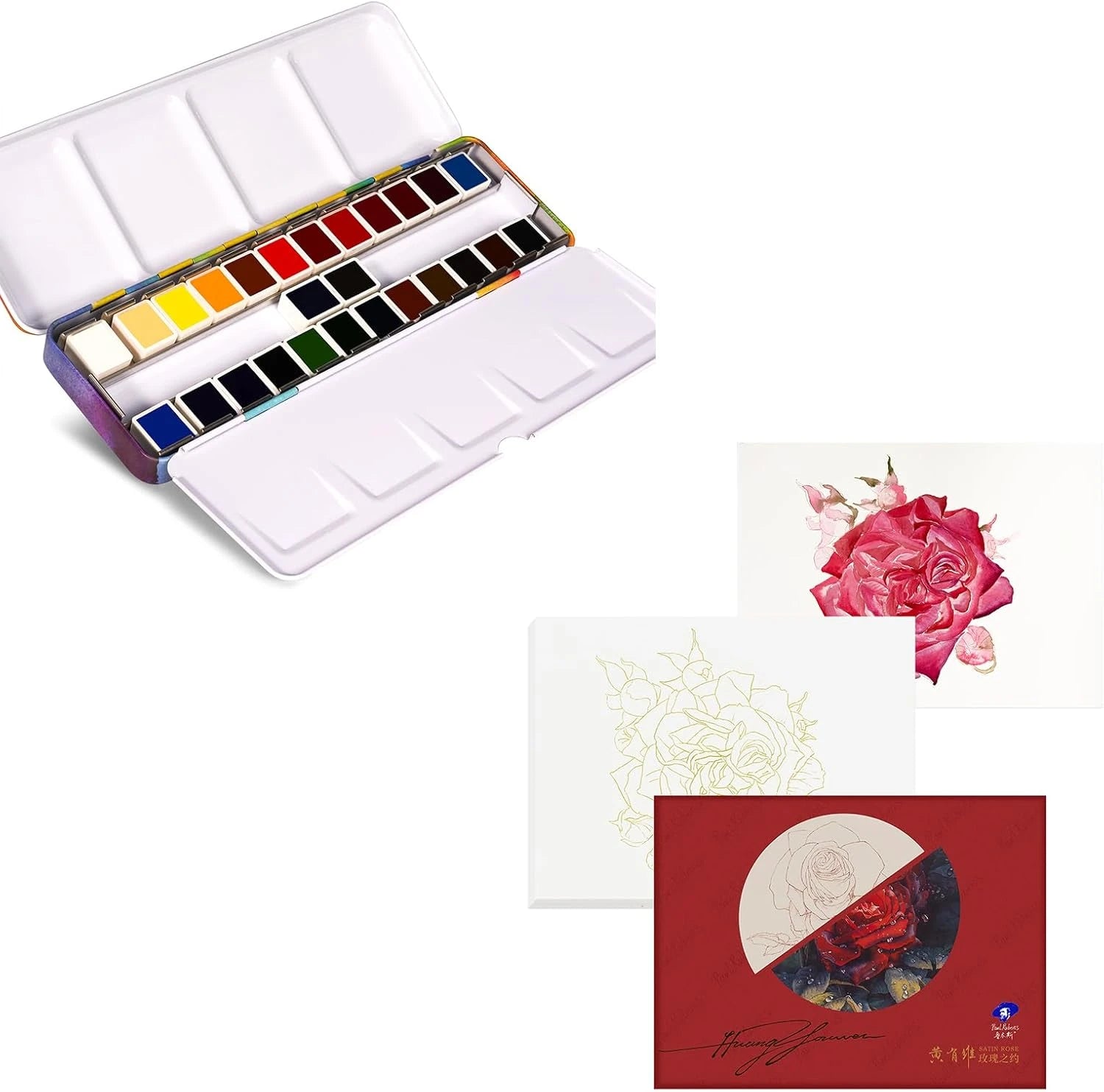 [[======Paul Rubens 24 Colors Solid Watercolor Paint and Paul Rubens 10.2 X 7.2 Inches Watercolor Coloring Paper, 140lb/300GSM 100% Cotton Hot Pressed Unique Roses Line Drawings Watercolor Paper (12 Sheets)