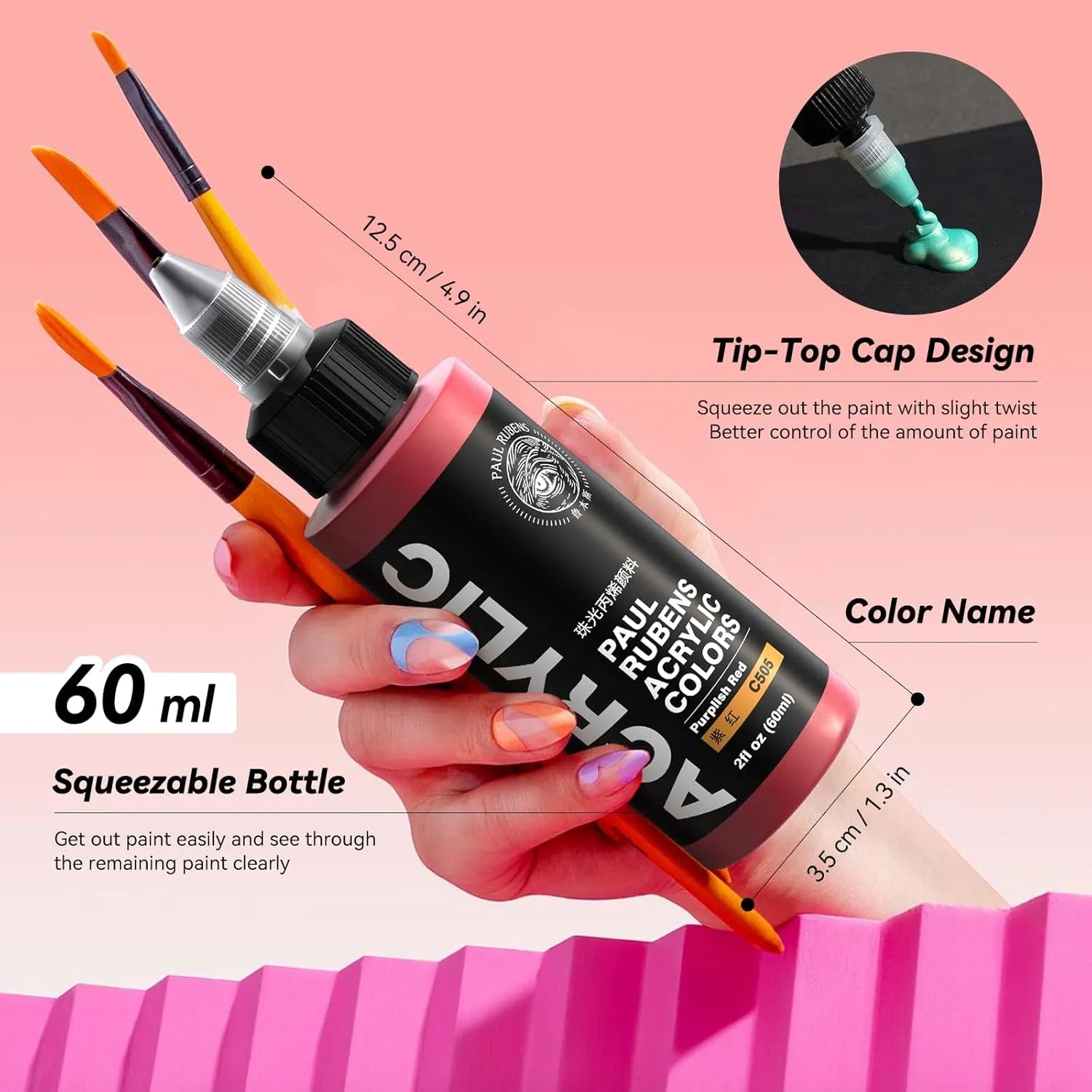 [[========Paul Rubens Acrylic Paint, 12 Colors Metallic Acrylic Paint Set A, 2oz/60ml Bottles, Rich Pigments, Strong Coverage Acrylic Paints For Adults, Artists, Beginners On Canvas Rocks Wood Ceramic Fabric