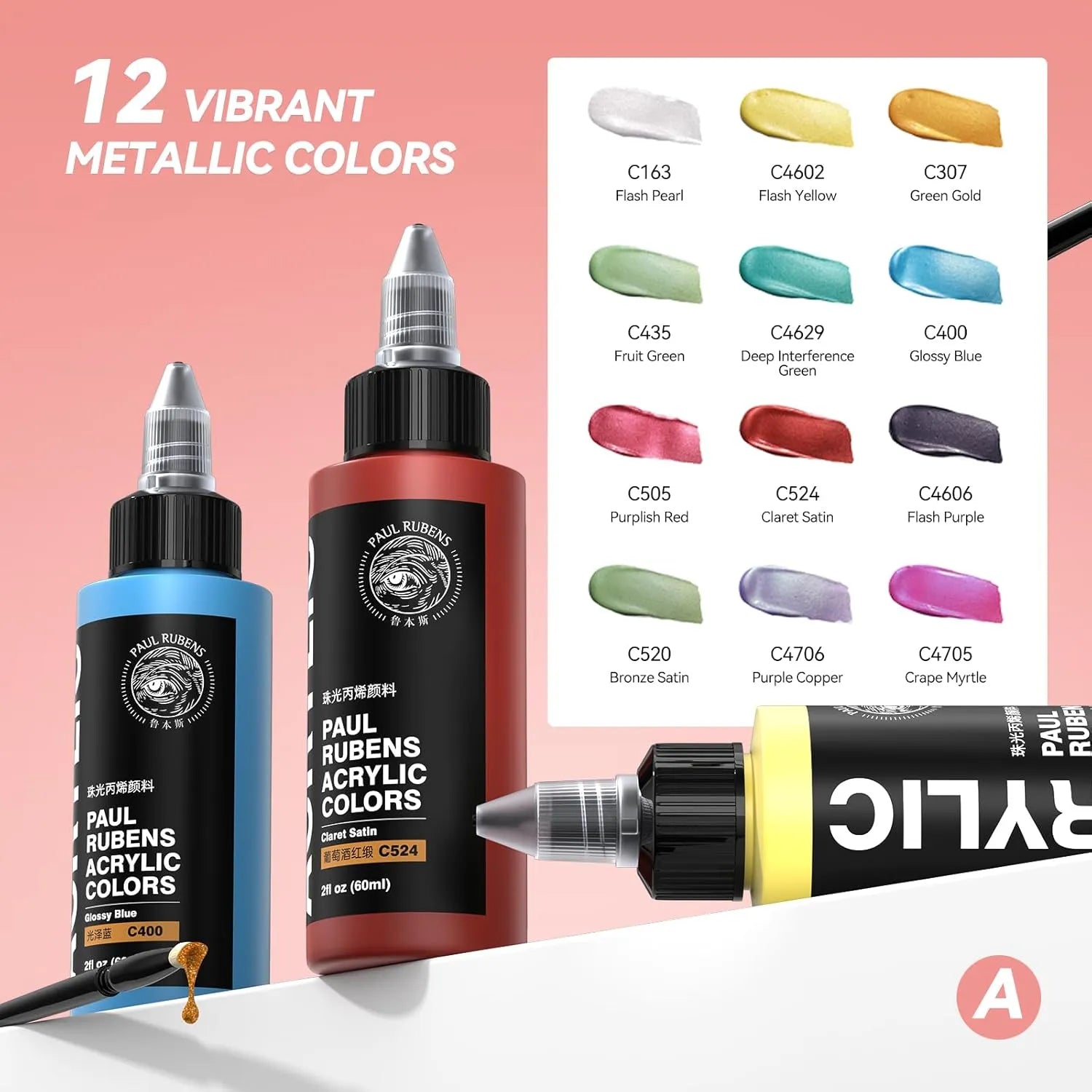 [[========Paul Rubens Acrylic Paint, 12 Colors Metallic Acrylic Paint Set A, 2oz/60ml Bottles, Rich Pigments, Strong Coverage Acrylic Paints For Adults, Artists, Beginners On Canvas Rocks Wood Ceramic Fabric
