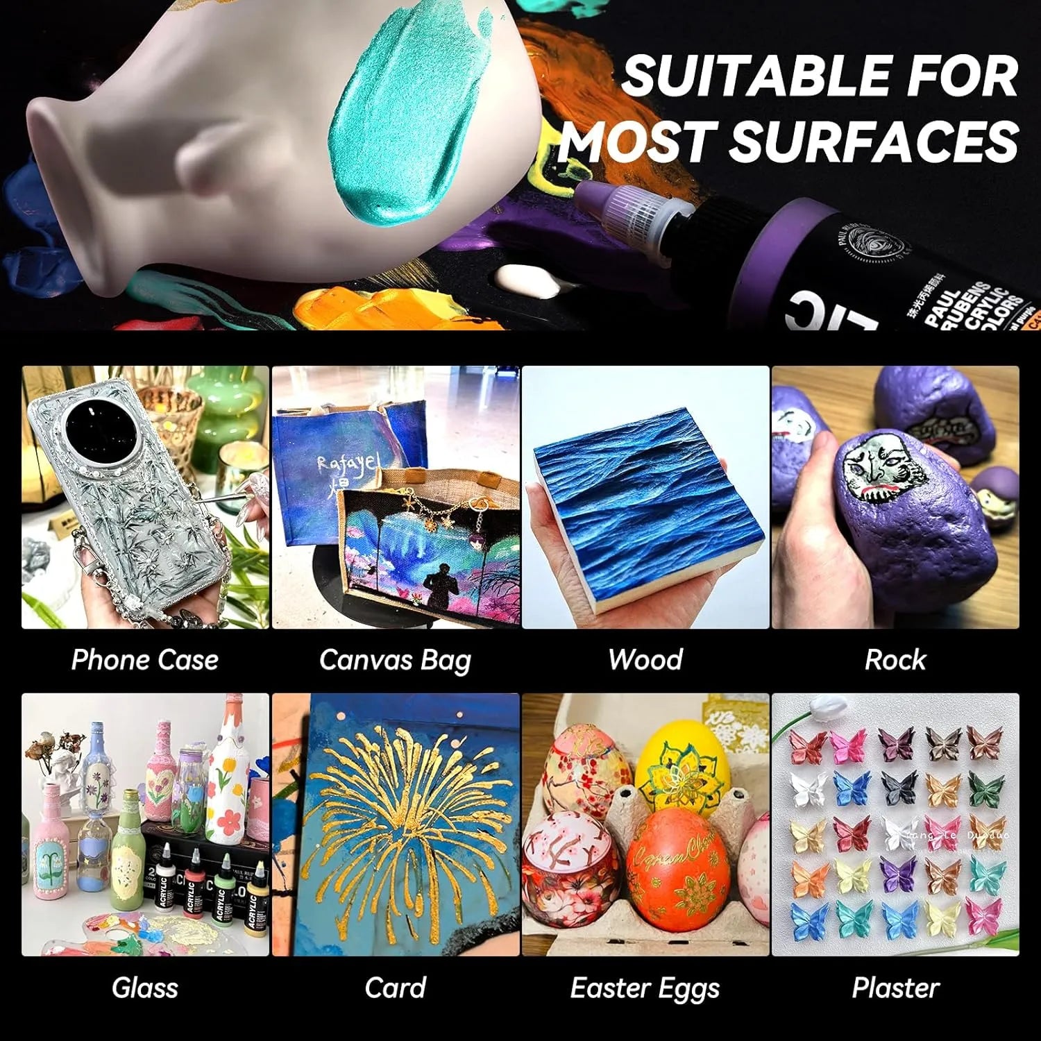 [[========Paul Rubens Acrylic Paint, 12 Colors Metallic Acrylic Paint Set A, 2oz/60ml Bottles, Rich Pigments, Strong Coverage Acrylic Paints For Adults, Artists, Beginners On Canvas Rocks Wood Ceramic Fabric