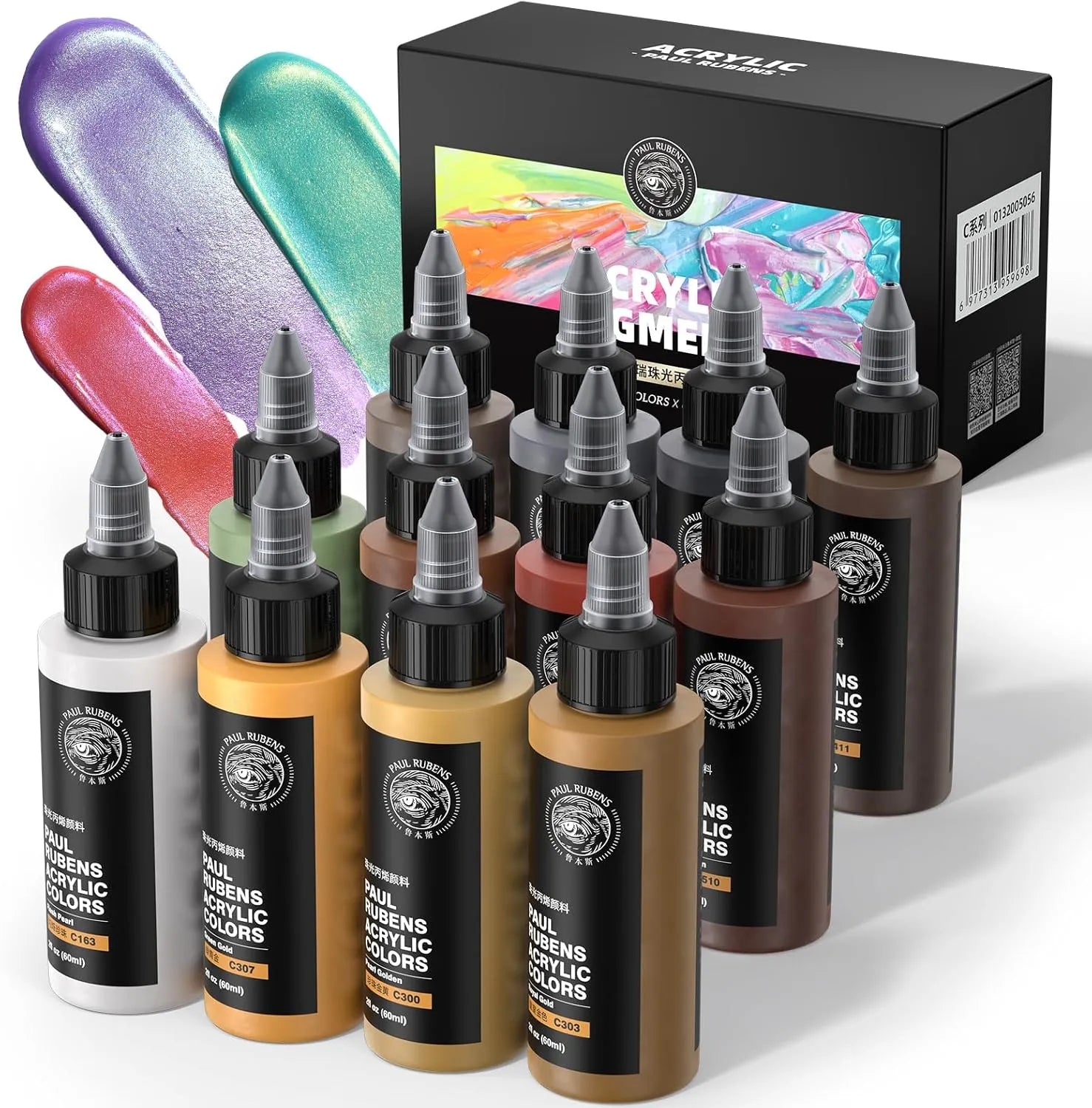 [[========Paul Rubens Acrylic Paint, 12 Colors Metallic Acrylic Paint Set A, 2oz/60ml Bottles, Rich Pigments, Strong Coverage Acrylic Paints For Adults, Artists, Beginners On Canvas Rocks Wood Ceramic Fabric