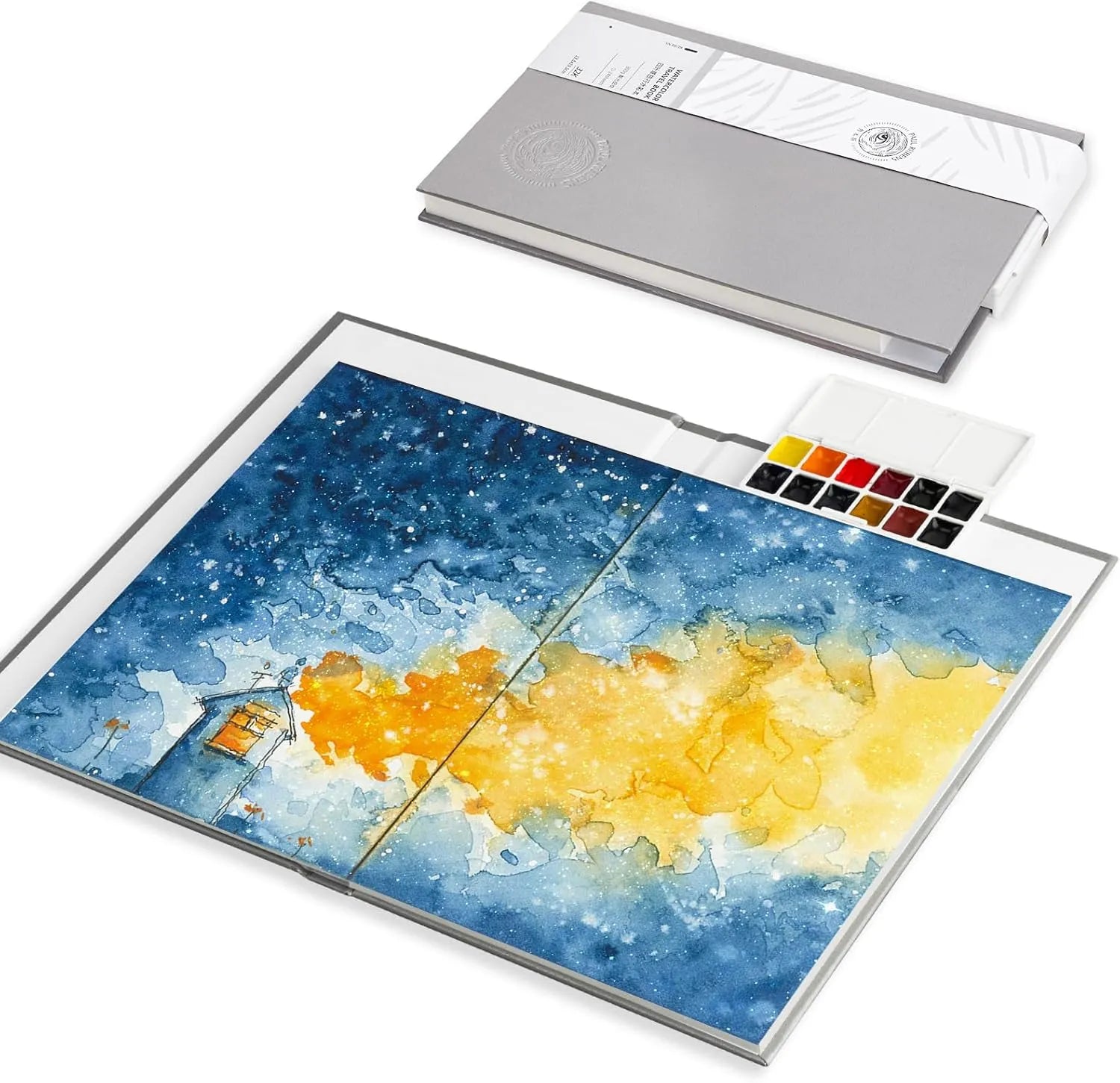 [[======Paul Rubens Travel Watercolor Sketchbook, 24 Sheet 140lb/300gsm 100% Cotton Acid-Free Hot Press Watercolor Journal with Glitter Effect (7.67"x5.31"), with 12-Color Travel-Size Artist Grade Water color