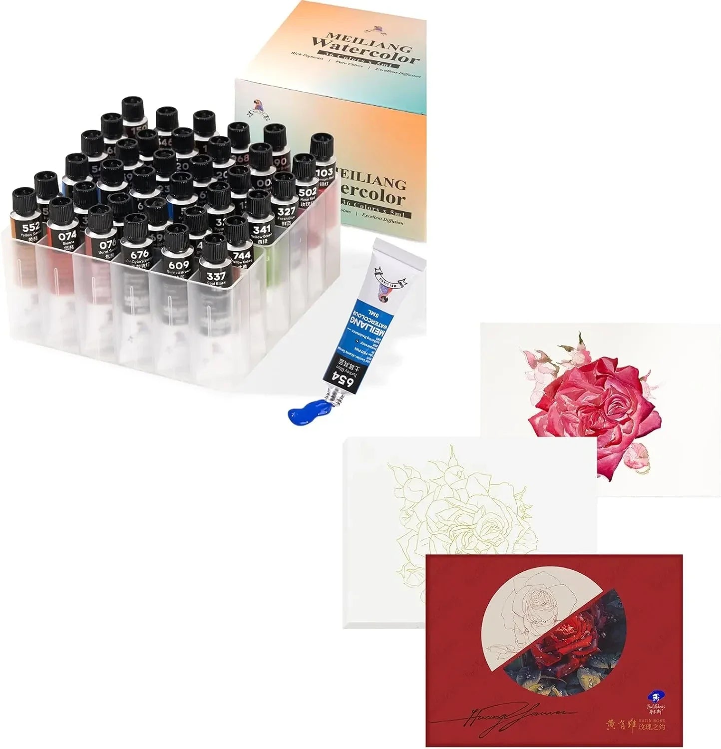 [[=======36 Colors Watercolor Paint With Plastic Storage Box And Paul Rubens 10.2 X 7.2 Inches Watercolor Coloring Paper, 140lb/300GSM 100% Cotton Hot Pressed Roses Line Drawings (12 Sheets)