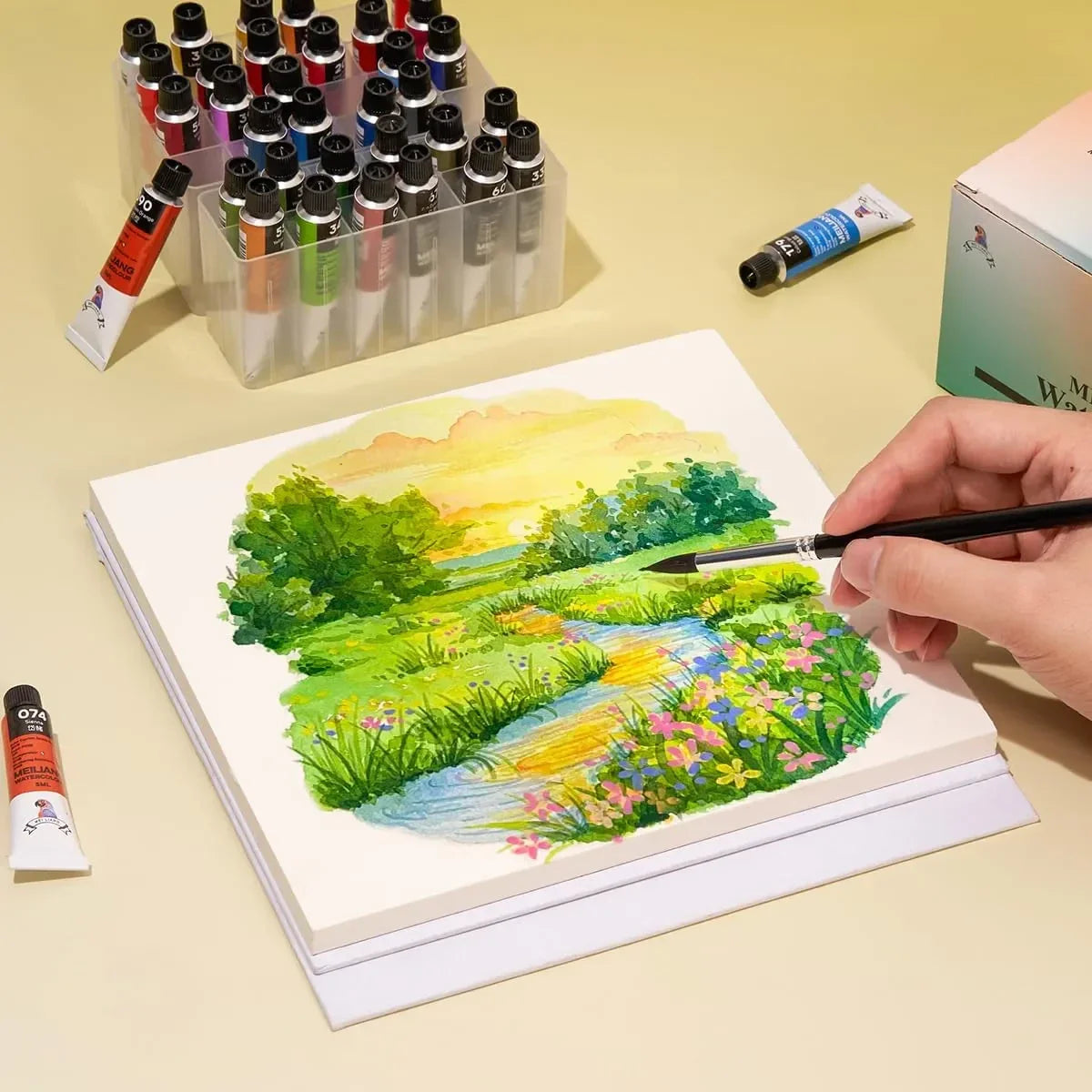 [[=====MeiLiang 36 Colors Watercolor Paint with Plastic Storage Box and Paul Rubens 5.5 x 5.5 Inches Organ Style Watercolor Paper, 140lb/300GSM 50% Cotton Hot Pressed Pack of 2 (14 Sheets)