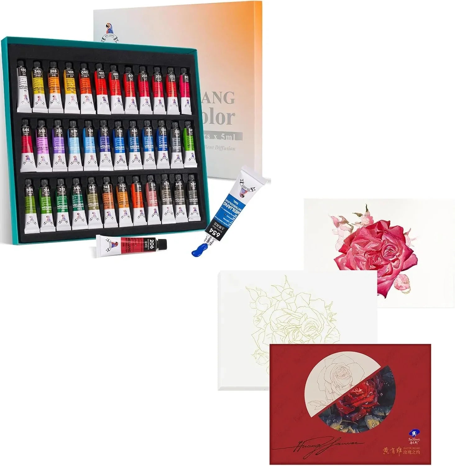 [[===MeiLiang 36 Colors Watercolor Paint and Paul Rubens 10.2 X 7.2 Inches Watercolor Coloring Paper, 140lb/300GSM 100% Cotton Hot Pressed Roses Line Drawings Watercolor Paper (12 Sheets)