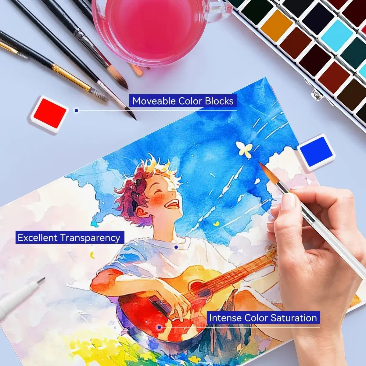 [[=======MeiLiang 52 Colors Solid Watercolor Paint (Blue Case) And Paul Rubens 10.2 X 7.2 Inches Watercolor Coloring Paper, 140lb/300GSM 100% Cotton Hot Pressed Roses Line Drawings Watercolor Paper (12 Sheets)
