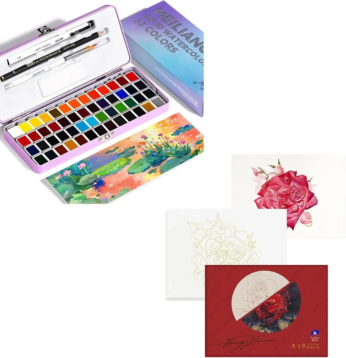 [[======MeiLiang 52 Colors Watercolor Paint (Purple Case) and Paul Rubens 10.2 X 7.2 Inches Watercolor Coloring Paper, 140lb/300GSM 100% Cotton Hot Pressed Roses Line Drawings Watercolor Paper (12 Sheets)