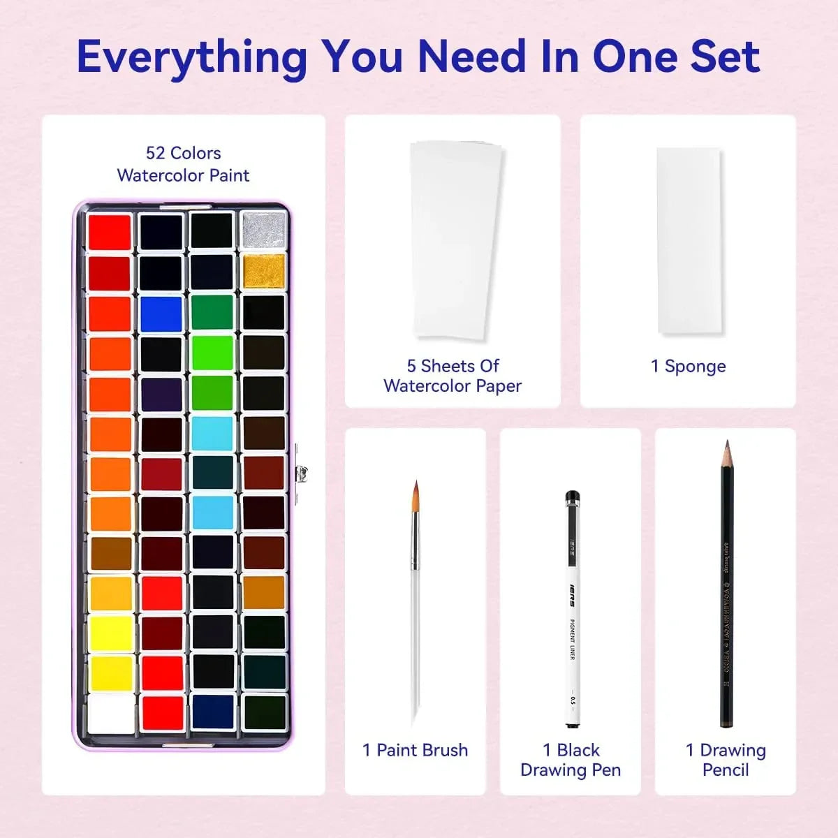 [[======MeiLiang 52 Colors Watercolor Paint (Purple Case) and Paul Rubens 10.2 X 7.2 Inches Watercolor Coloring Paper, 140lb/300GSM 100% Cotton Hot Pressed Roses Line Drawings Watercolor Paper (12 Sheets)