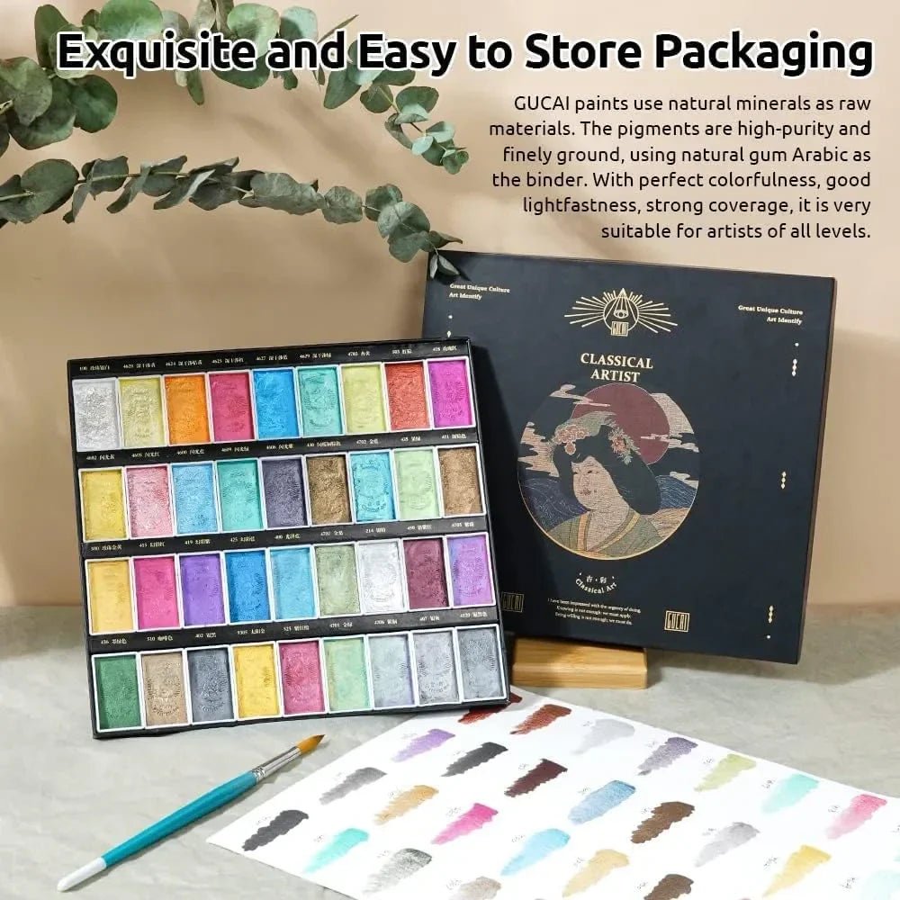 =====Paul Rubens Art Supplies Watercolor Paper&36 Classical Pearlescent Colors Solid Watercolor Paints