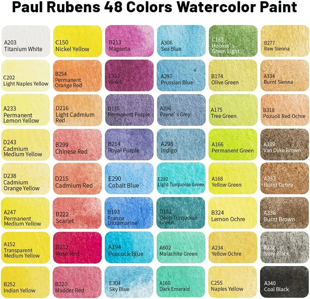 [[===Paul Rubens Artist Grade Watercolor Paint, 48 Colors Solid Cakes with Watercolor Block, 140-lb Artist Quality for Artists, Beginners, Hobbyists, Students
