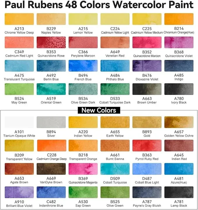 [[======Paul Rubens Artist Watercolor Paint Set,48 Vibrant Colors in Portable Box & 48 Colors Glitter Metallic Paints
