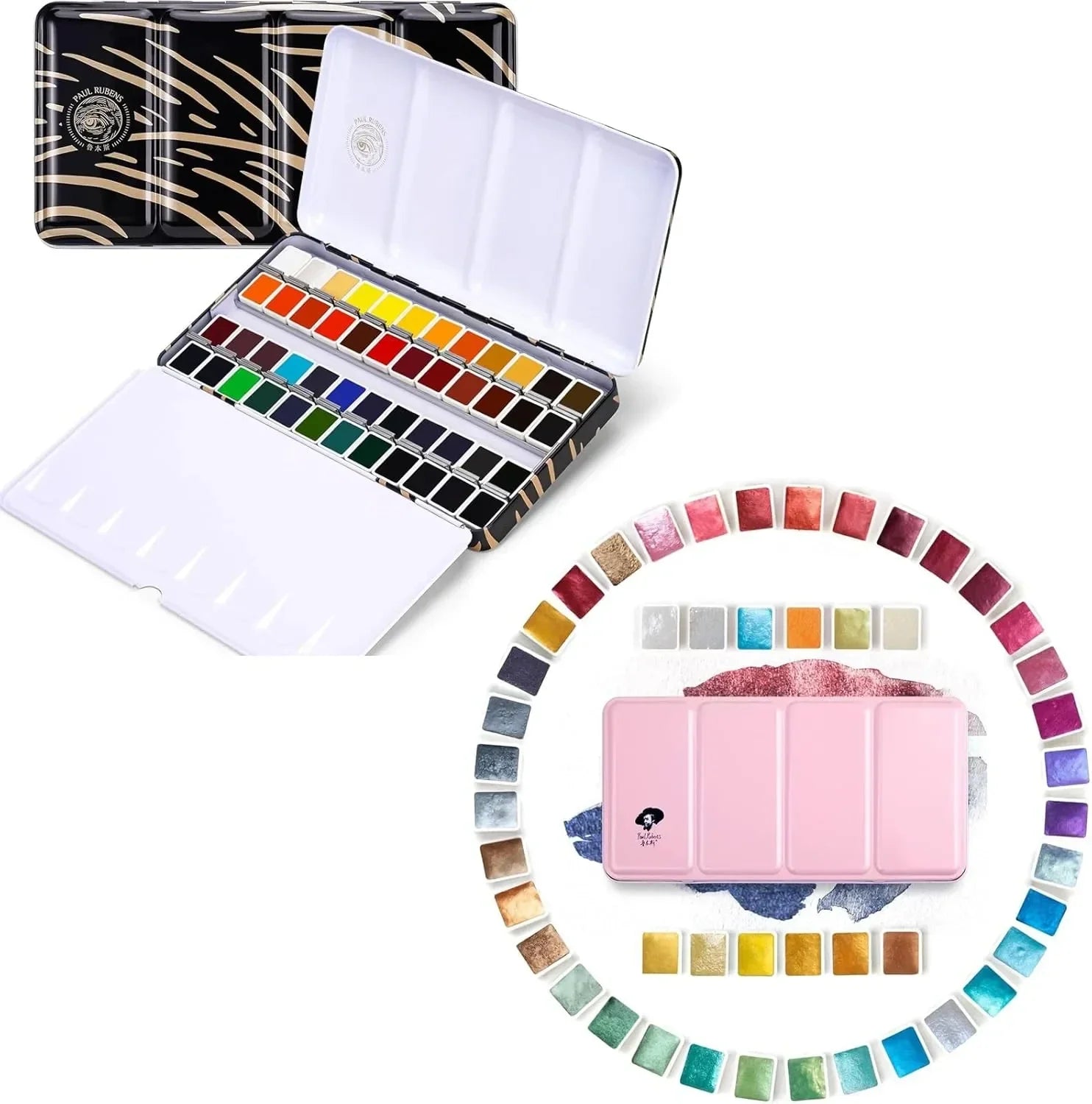 [[======Paul Rubens Artist Watercolor Paint Set,48 Vibrant Colors in Portable Box & 48 Colors Glitter Metallic Paints