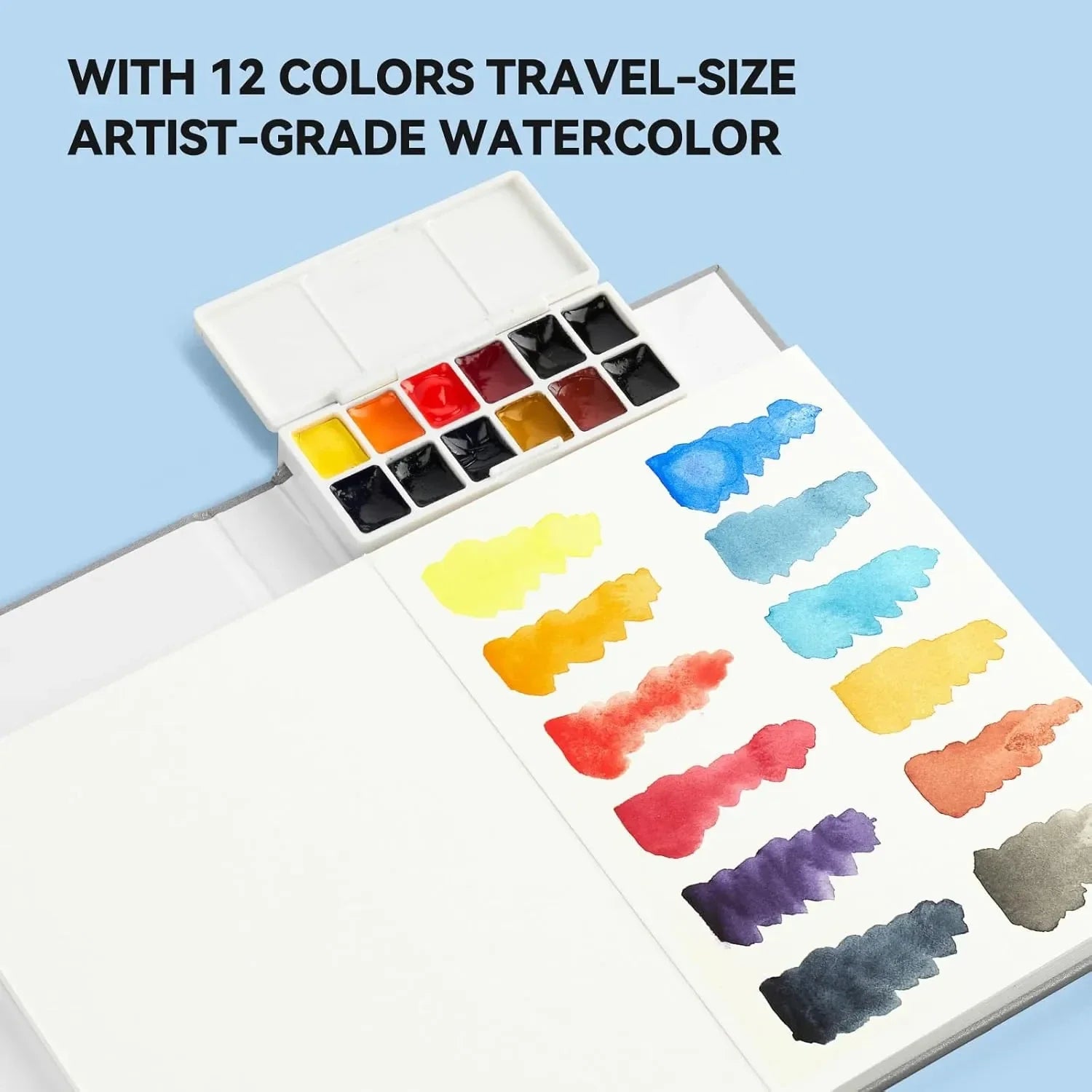 [[======Paul Rubens Travel Watercolor Sketchbook, 24 Sheet 140lb/300gsm 100% Cotton Acid-Free Hot Press Watercolor Journal with Glitter Effect (7.67"x5.31"), with 12-Color Travel-Size Artist Grade Water color