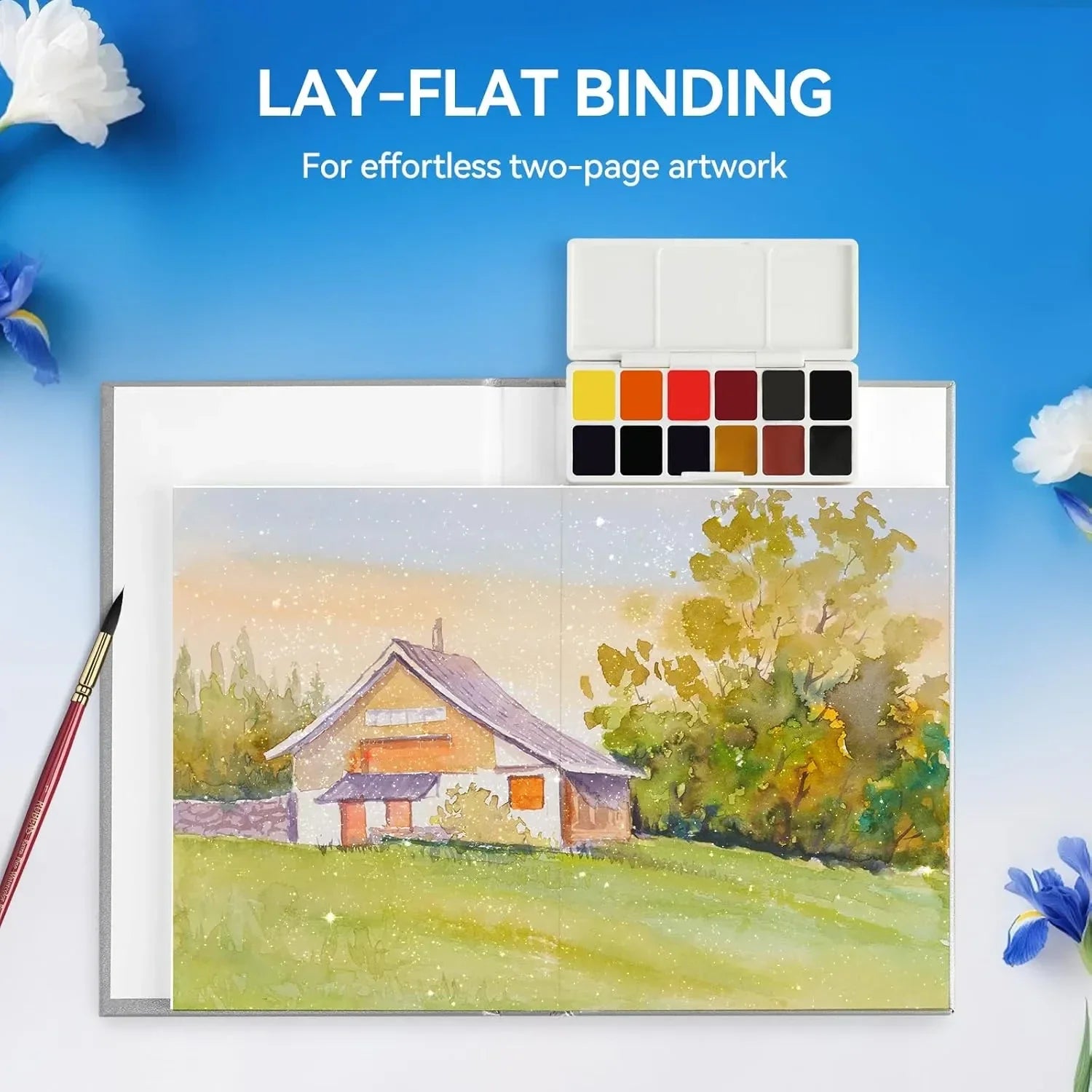 [[======Paul Rubens Travel Watercolor Sketchbook, 24 Sheet 140lb/300gsm 100% Cotton Acid-Free Hot Press Watercolor Journal with Glitter Effect (7.67"x5.31"), with 12-Color Travel-Size Artist Grade Water color