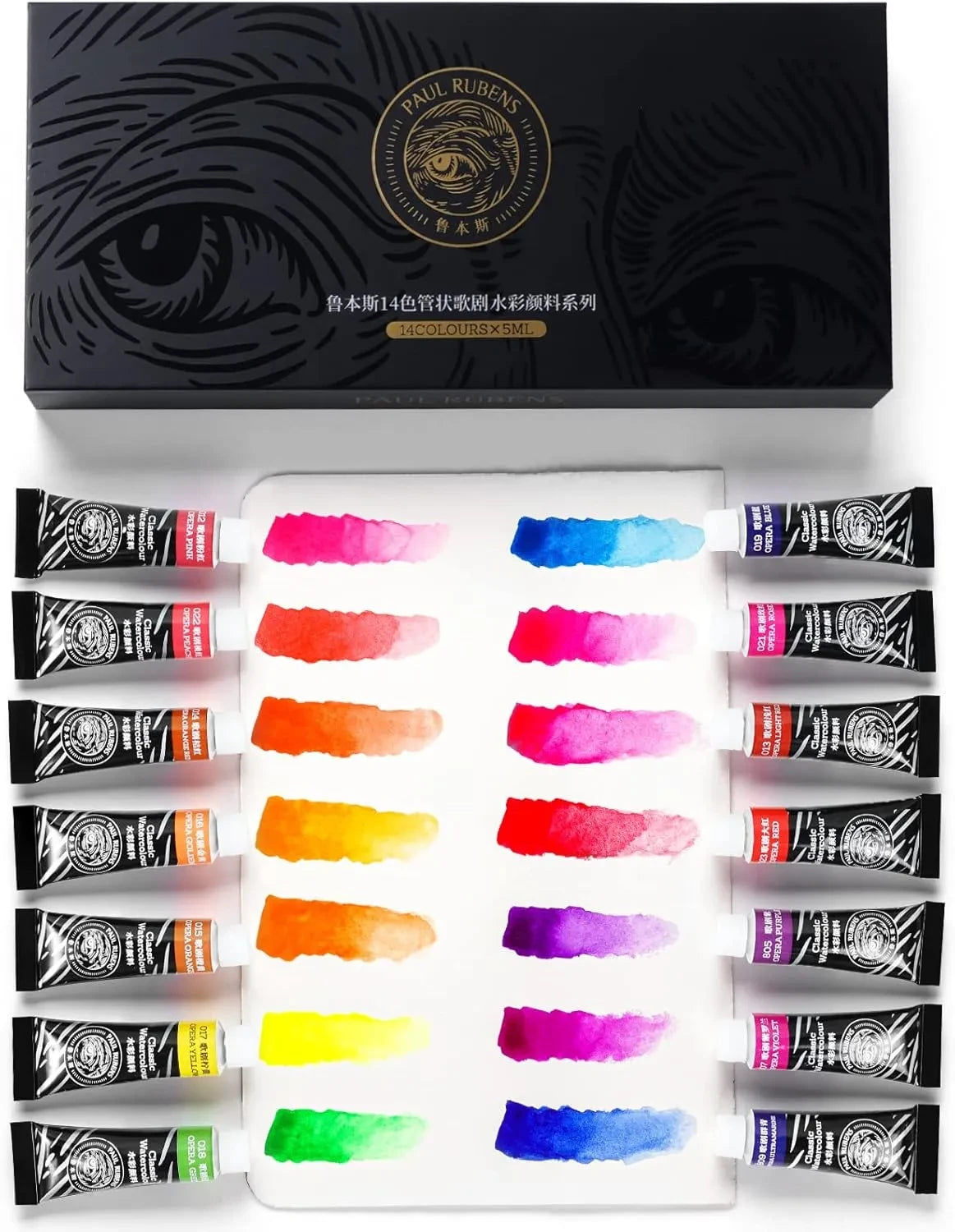 [[====Paul Rubens Watercolor Paint 14 Vibrant Neon Colors Watercolor Paint Set, Opera Series 5ml Each Tube with Watercolor Paper Cold Press, 20 Sheets