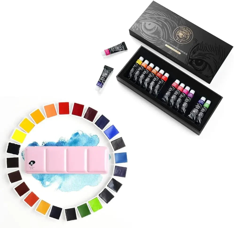 [[====Paul Rubens Watercolor Paint 14 Vibrant Neon Colors and 24 Vivid Colors with Portable Metal Box for Artists