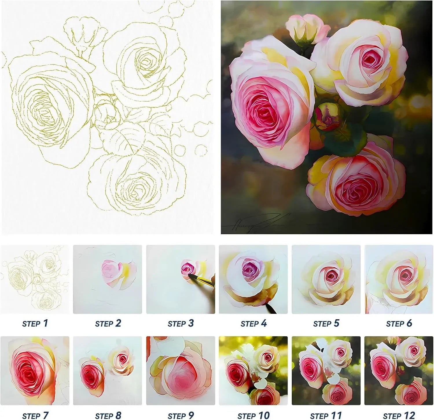 [[[=========Paul Rubens Watercolor Coloring Paper, 10.2 X 7.2 Inches 100% Cotton Hot Pressed Watercolor Paper, 140lb/300gsm, 12 Unique Roses Line Drawings for Adults and Students to Relax and Create Art